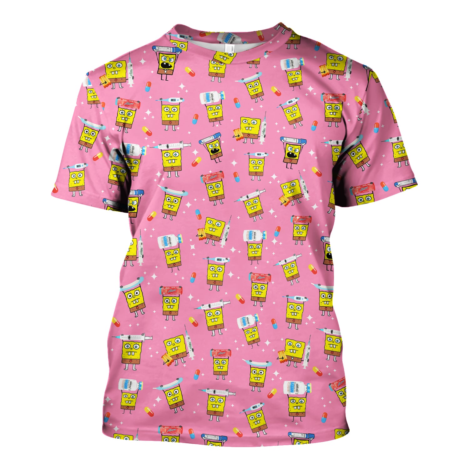 Cartoon Character Scrub Top - All-Over Print Doodle Medical Characters - Gift for RN LPN Healthcare Workers