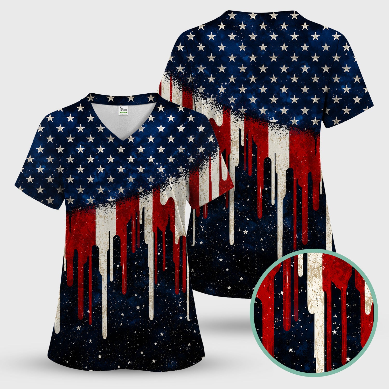 Festive Patriotic Dripping Flag Pattern Scrub Set, Scrub Pants and V Neck Top