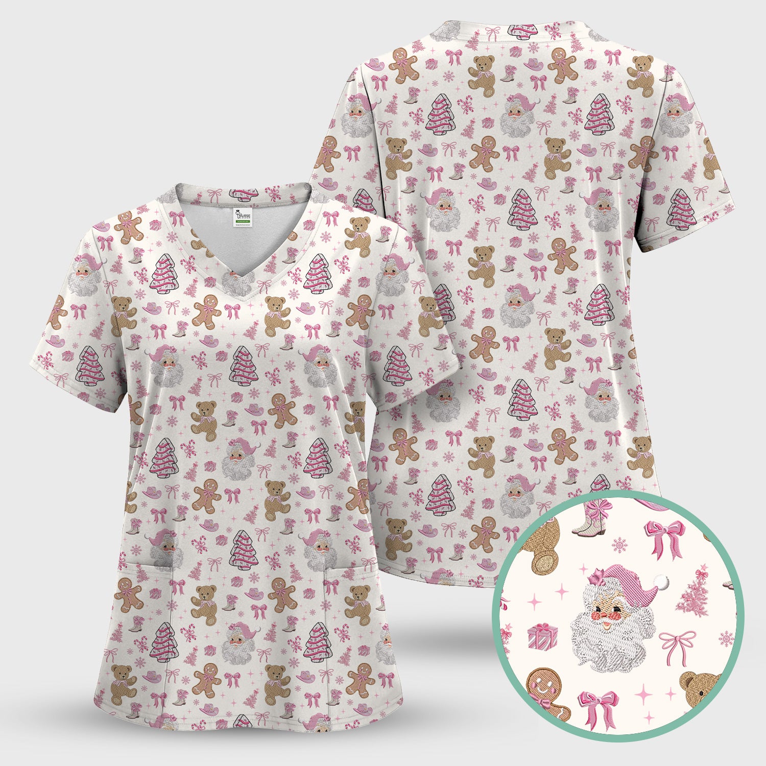 Pink Christmas Santa Gingerbread Scrub Top, Cute Holiday Medical Pattern Shirt, Breathable Fabrics Nursing Uniform