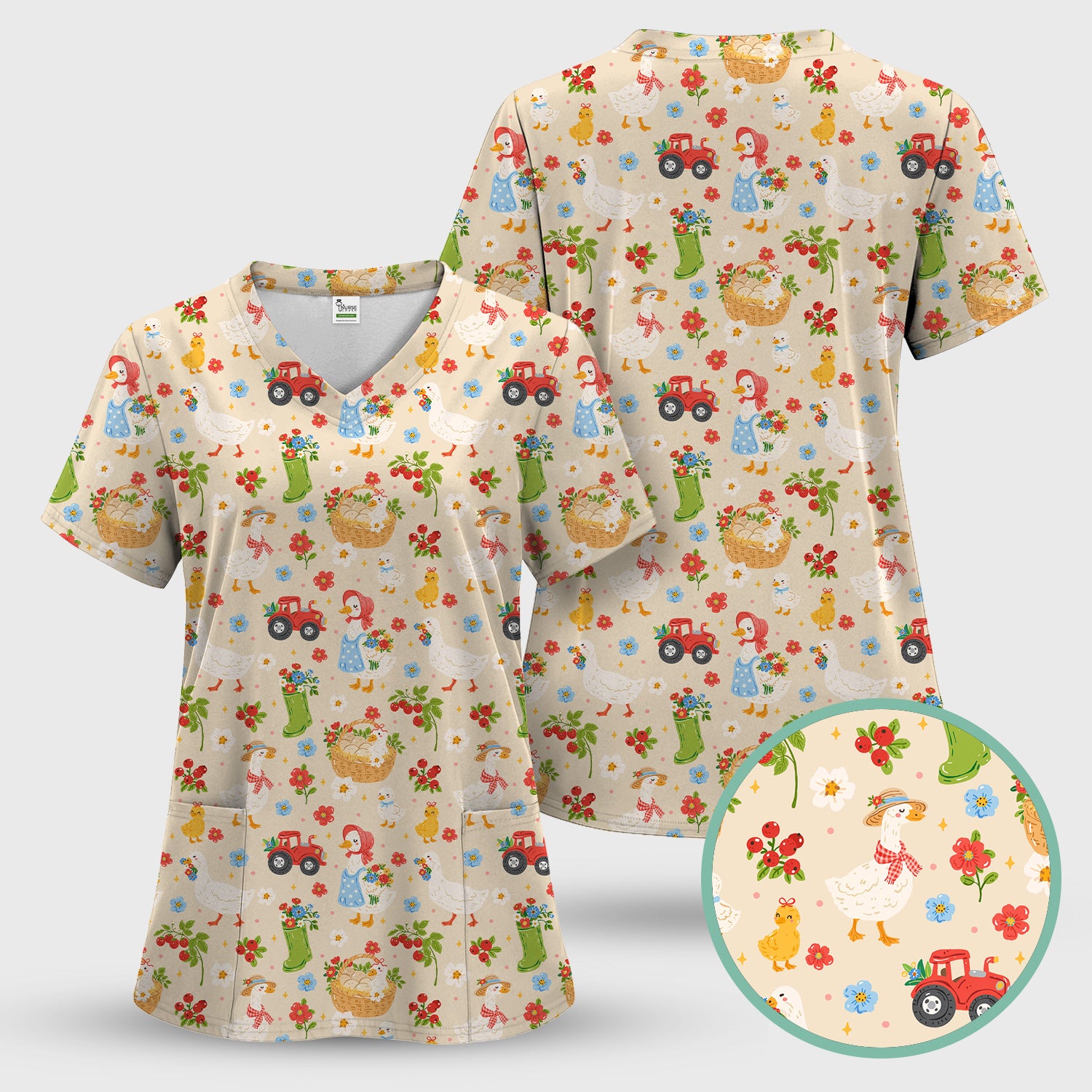 Farm Duck Chicken Tractor Flower Basket Scrub Top, Breathable Fabrics Nursing Uniform
