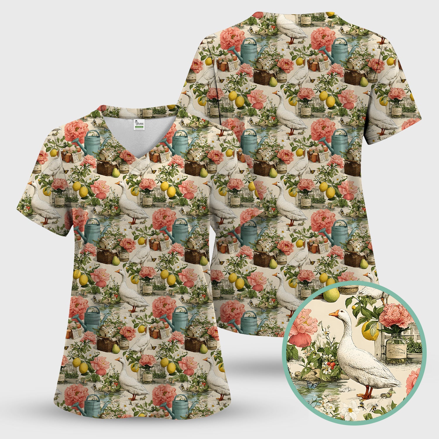 Vintage Goose Garden Floral Pattern Scrub Set, Scrub Pants and V Neck Top