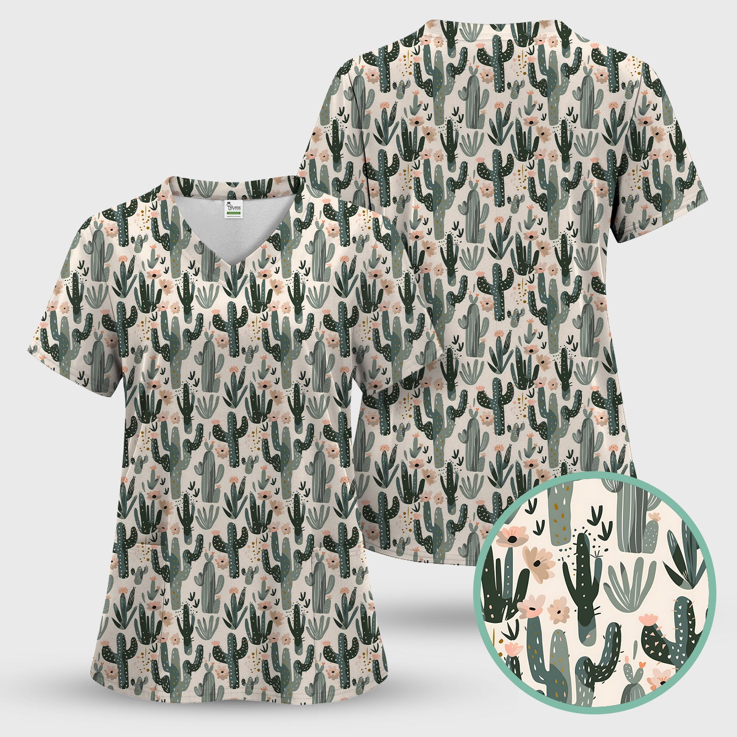 Green Cactus Desert Blossom Pattern Scrub Set, Scrub Pants and V Neck Top