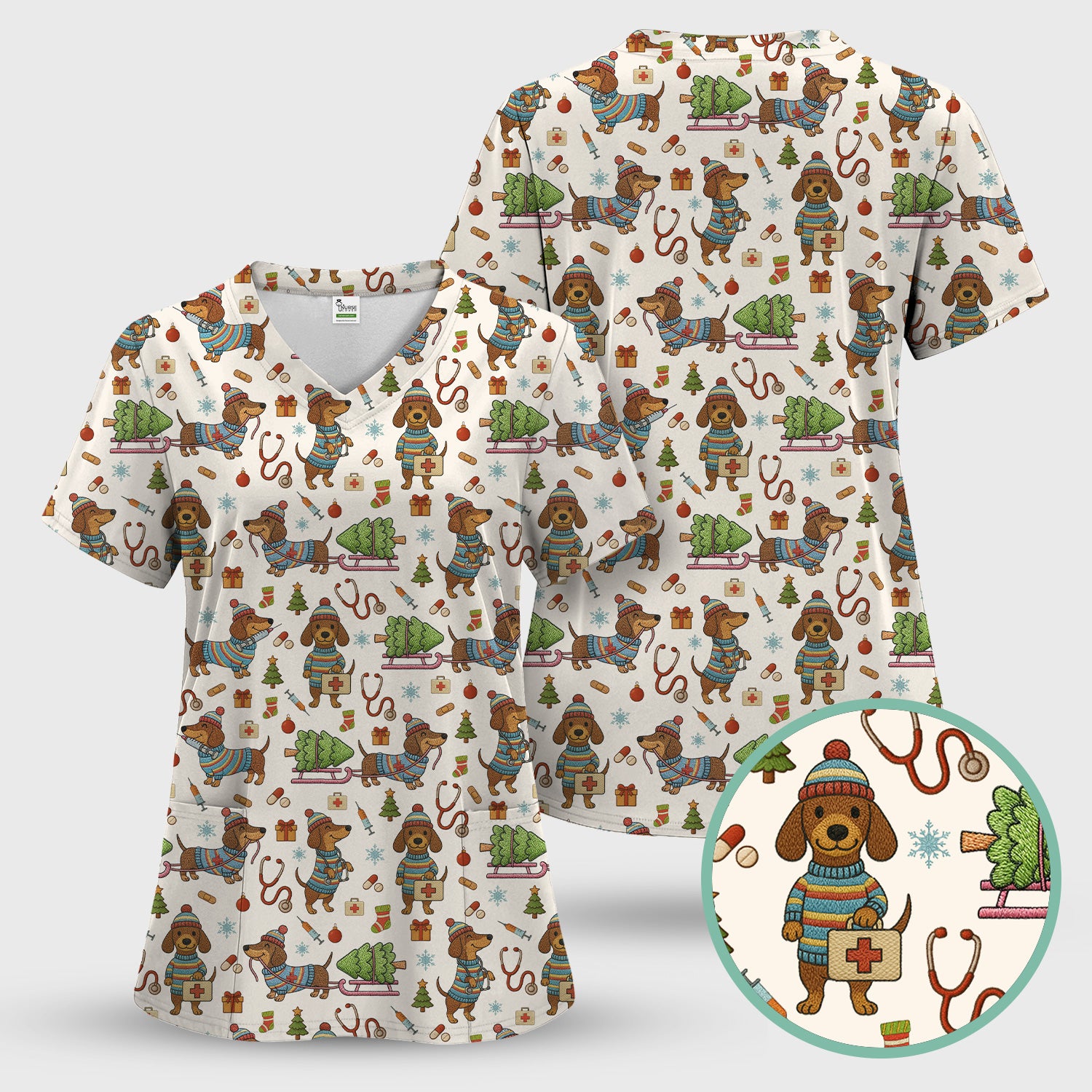 Dachshund Dog Scrub Set For Nurse, Funny Wiener Dog Lover Gift, Cute Dog 3D Knit Pattern Shirt