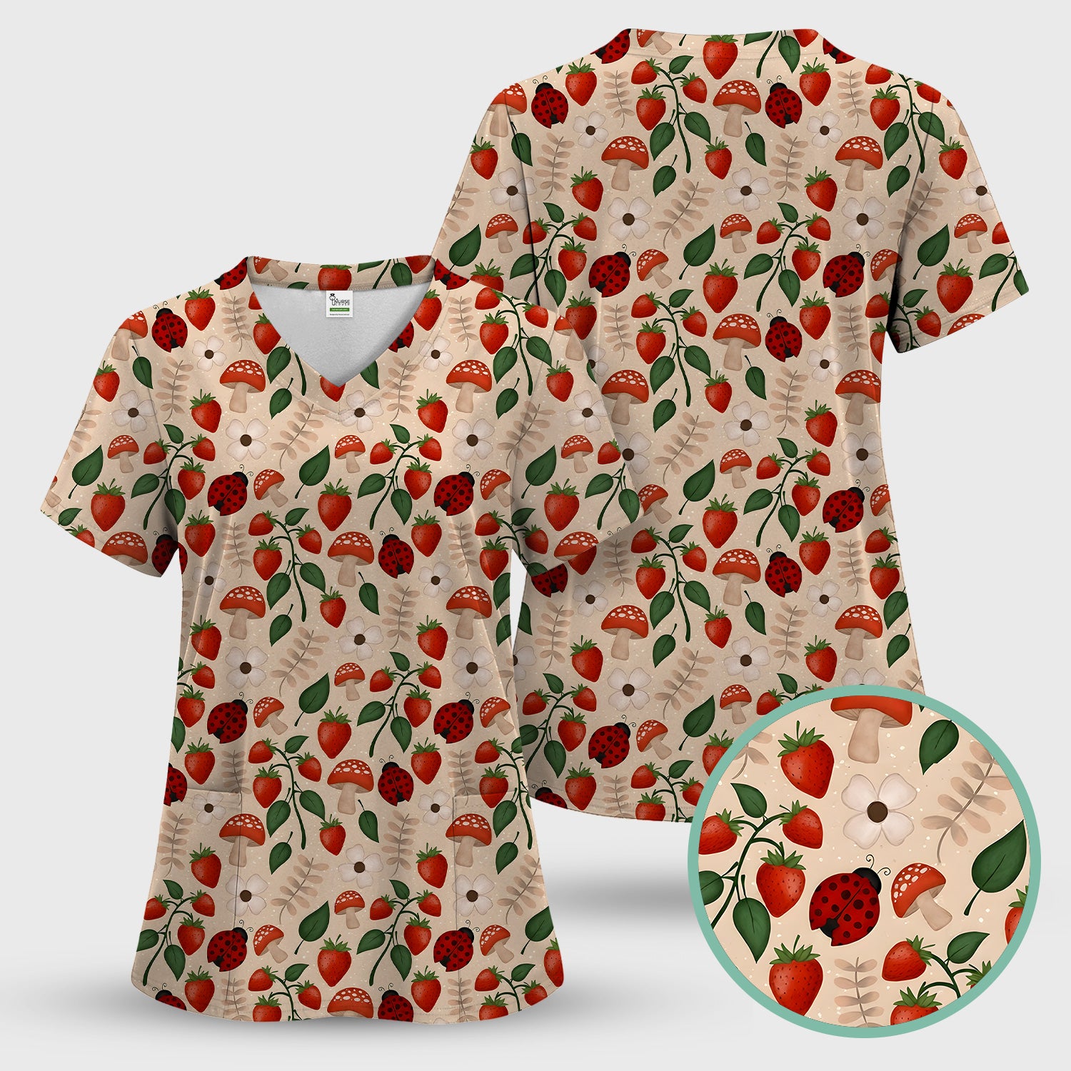 Strawberry Ladybug Mushroom Floral Scrub Top, Breathable Fabrics Nursing Uniform