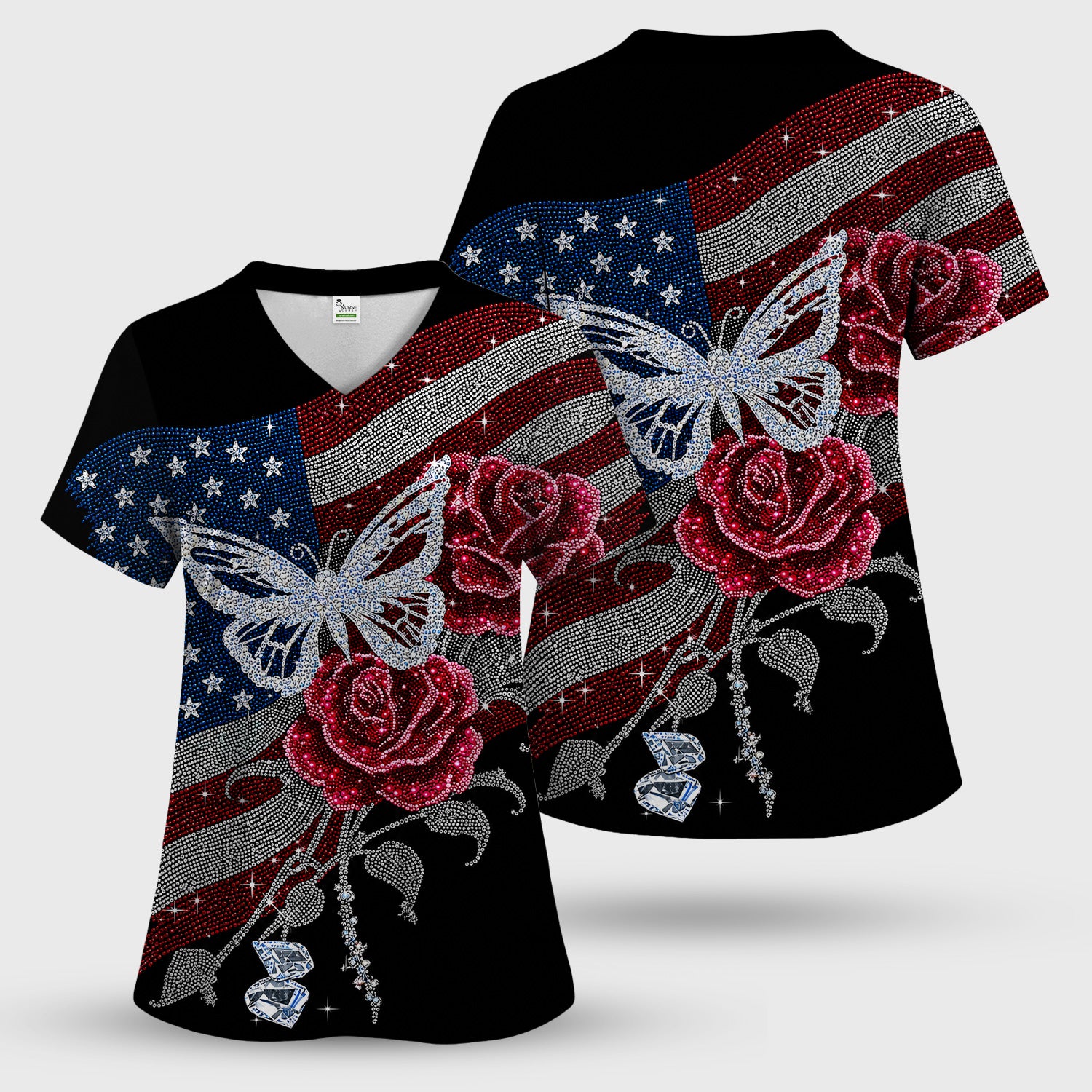 Patriotic Butterfly Rose Flag Print Scrub Set, Scrub Pants and V Neck Top