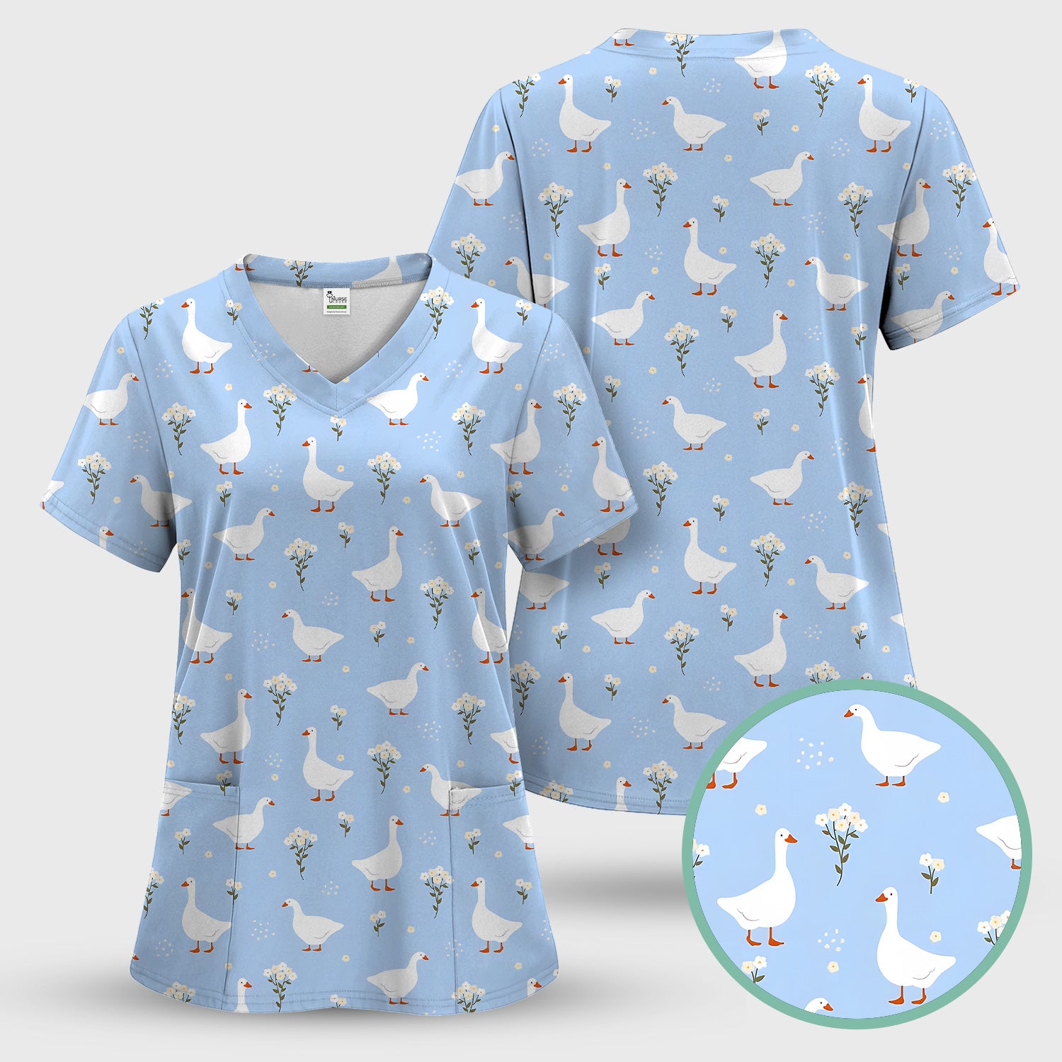 Blue Goose Floral Pattern Scrub Top, Comfortable Scrubs for Nurses