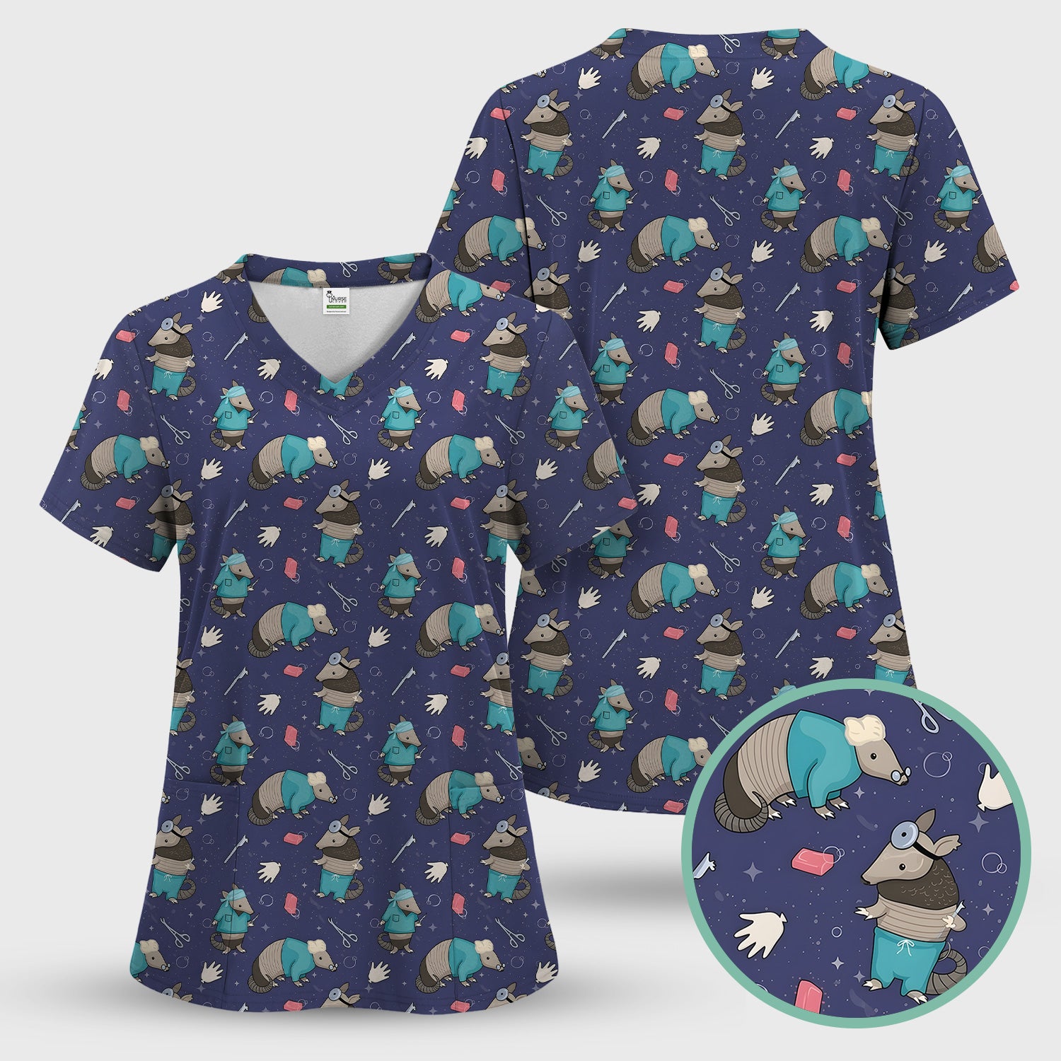 Armadillo Doctor Medical Tools Pattern Scrub Set, Scrub Pants and V Neck Top