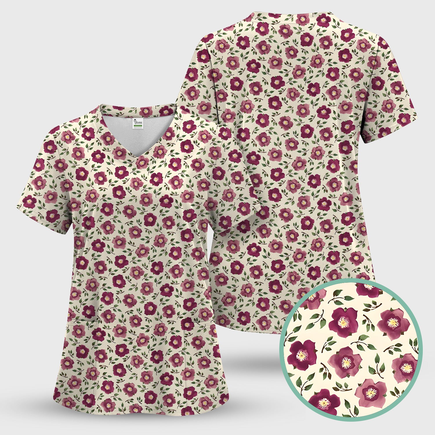 Purple Floral Blossom Leaf Pattern Scrub Top, Comfortable Scrubs for Nurses