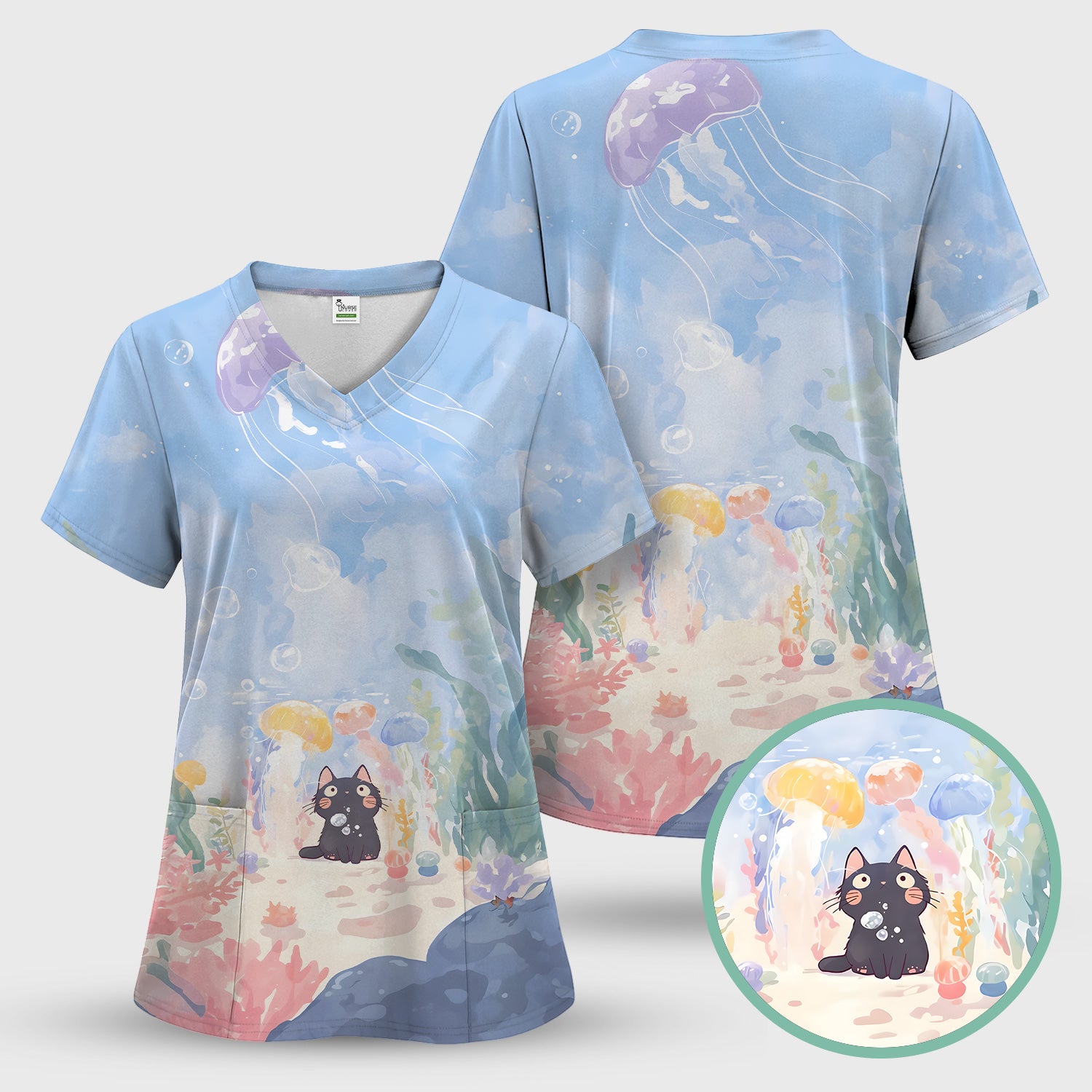 Cute Underwater Black Cat Jellyfish Pattern Scrub Top, Comfortable Scrubs for Nurses