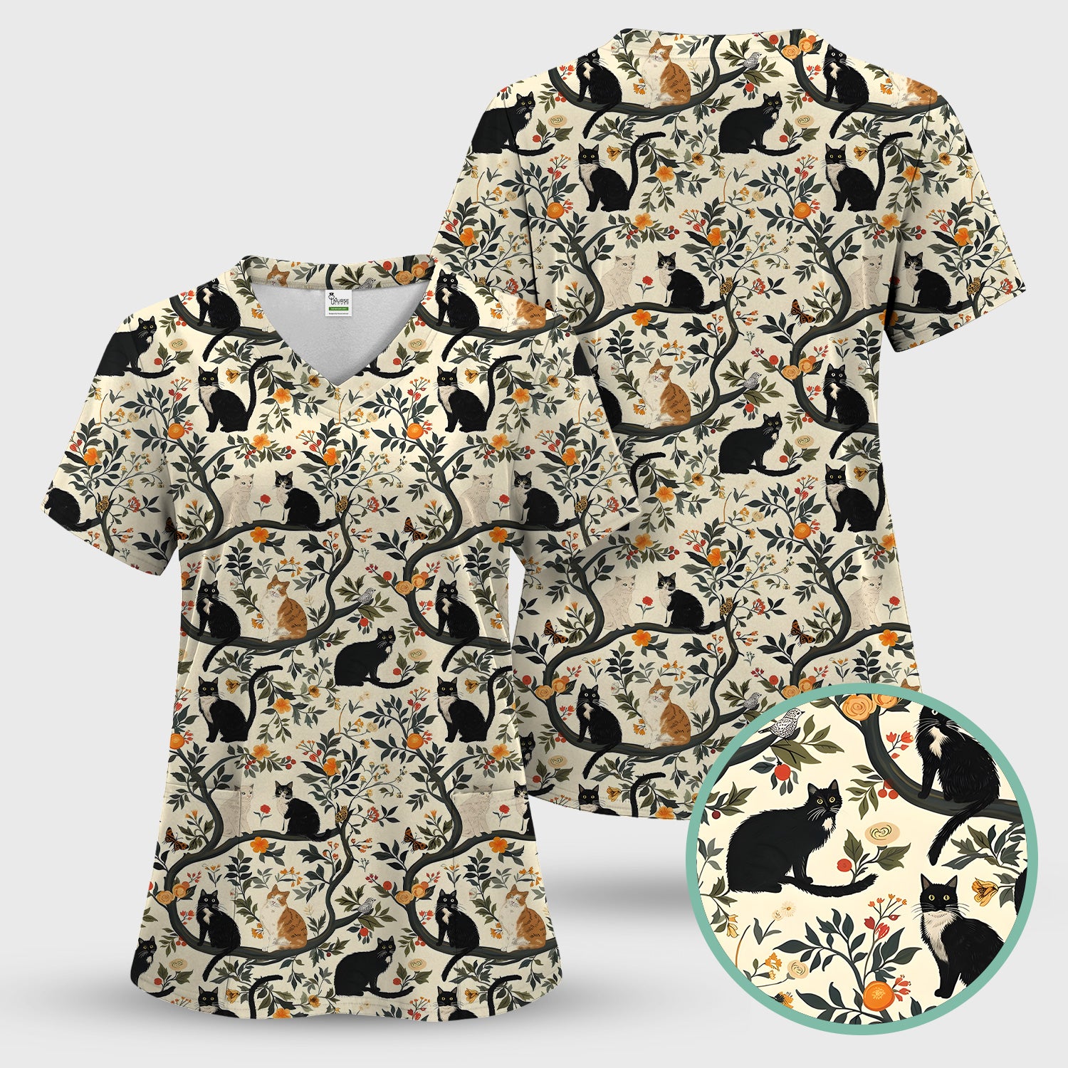 Vintage Black Cat Floral Pattern Scrub Set, Scrub Pants and V Neck Top