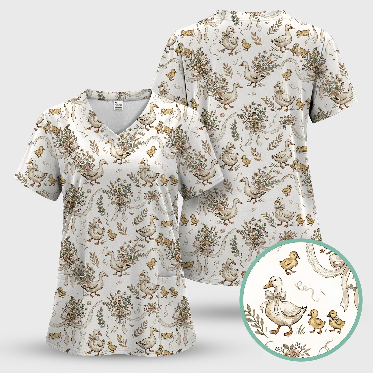 Vintage Duck Family Ribbon Floral Pattern Nurse Scrub Set, Scrub Pants and V Neck Top