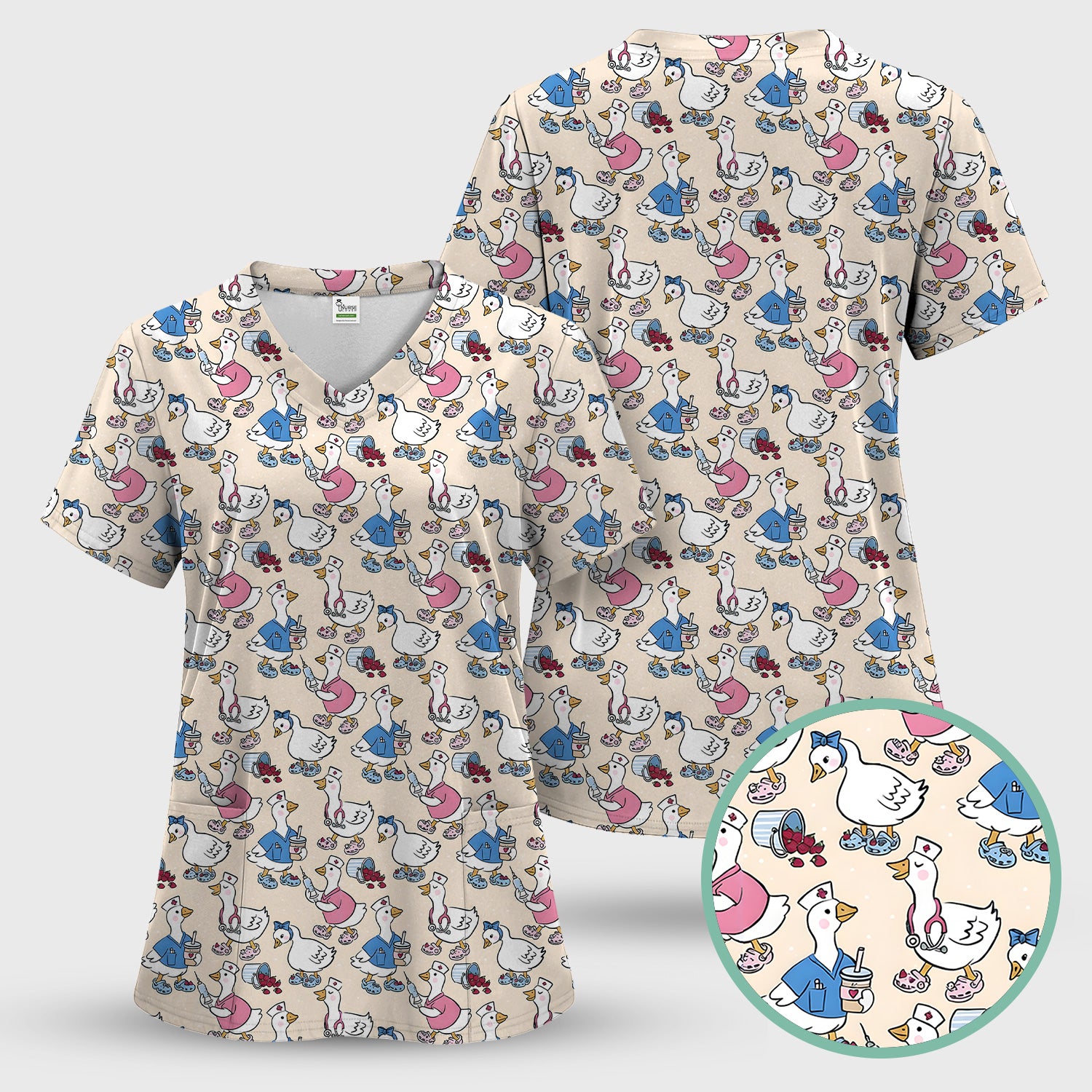 Cute Nurse Goose Cartoon Pattern Scrub Top, Comfortable Scrubs for Nurses
