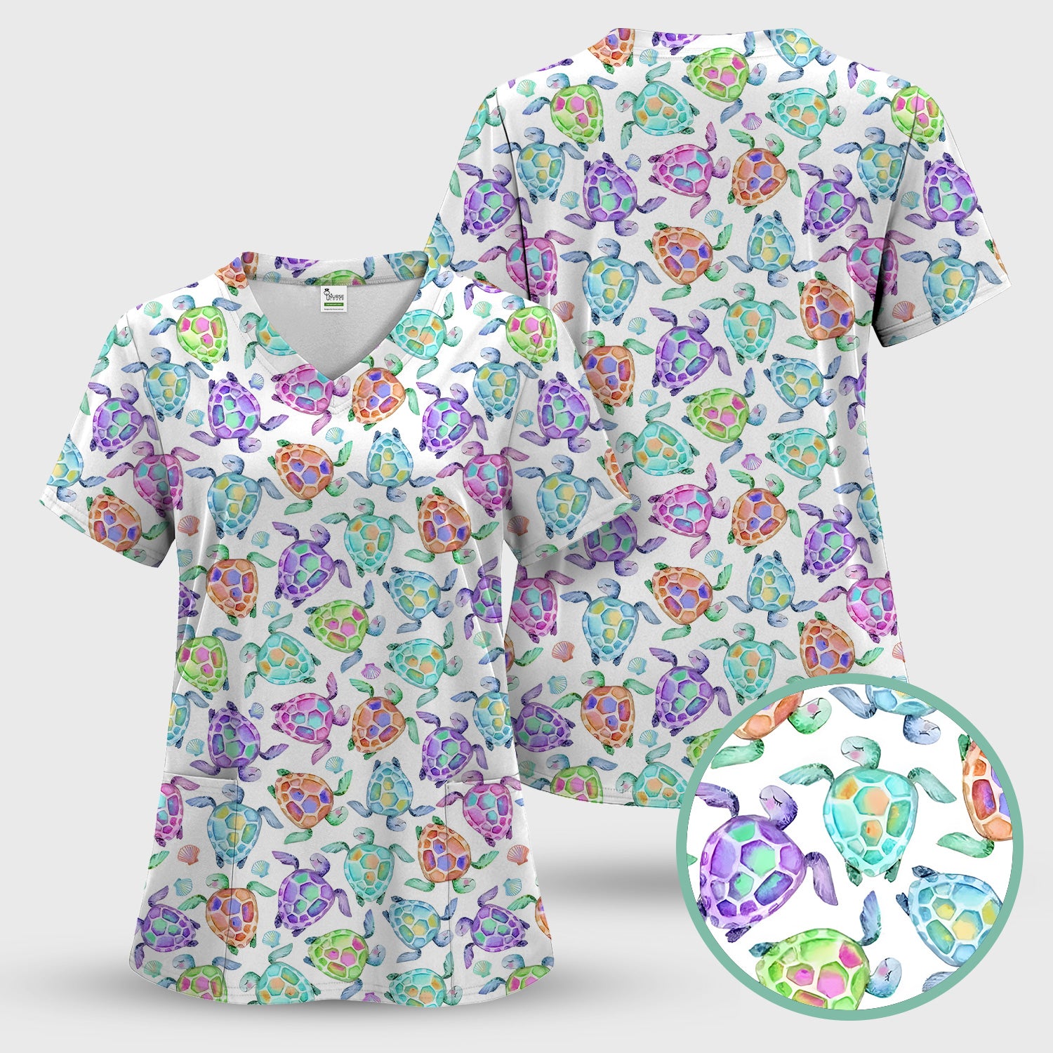 Colorful Sea Turtle Shell Pattern Scrub Set, Scrub Pants and V Neck Top