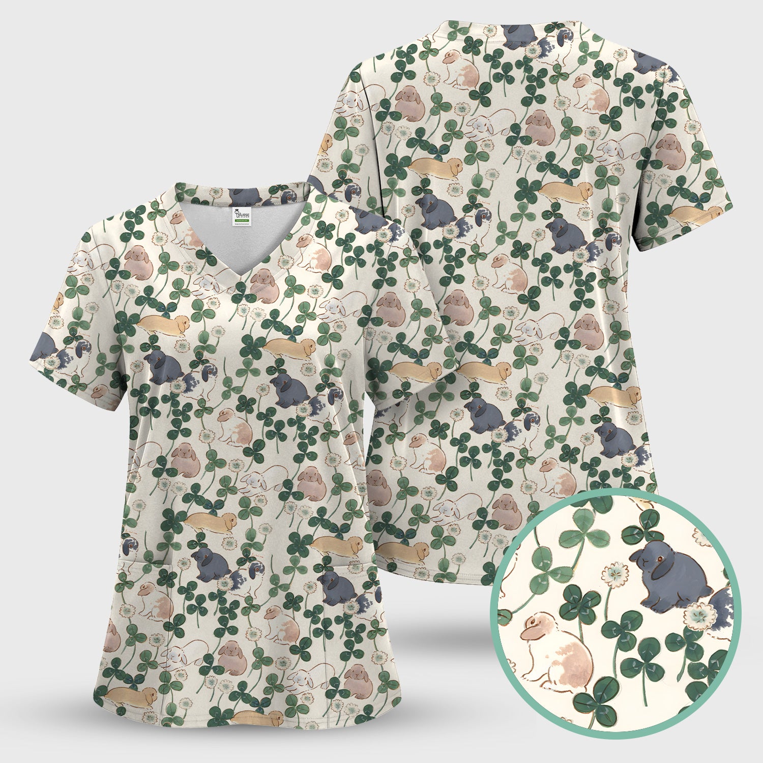 Cute Bunny Clover Garden Meadow Pattern Nurse Scrub Top, Comfortable Scrubs for Nurses