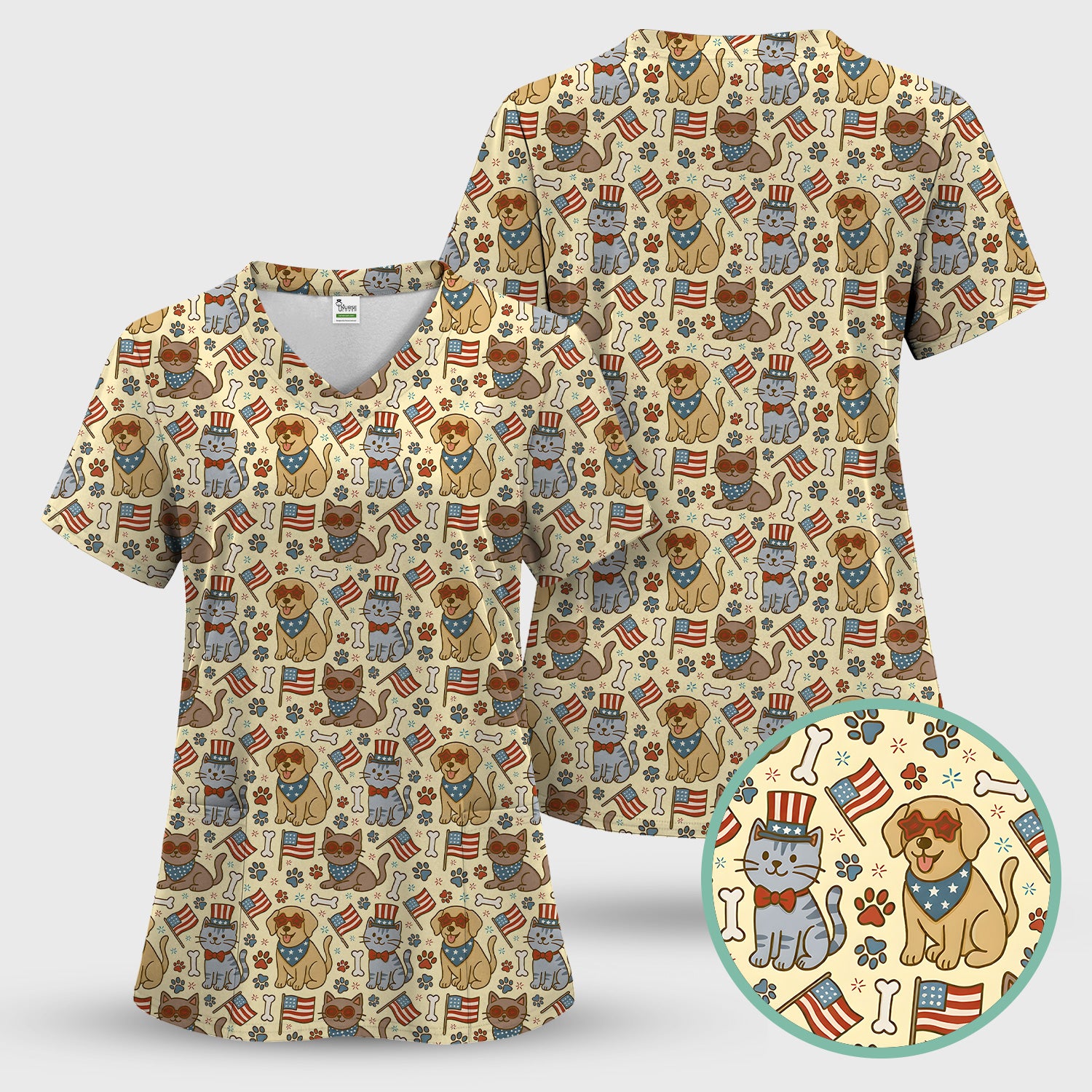 American Flag Patriotic Cat & Dog Pattern Scrub Set, Scrub Pants and V Neck Top