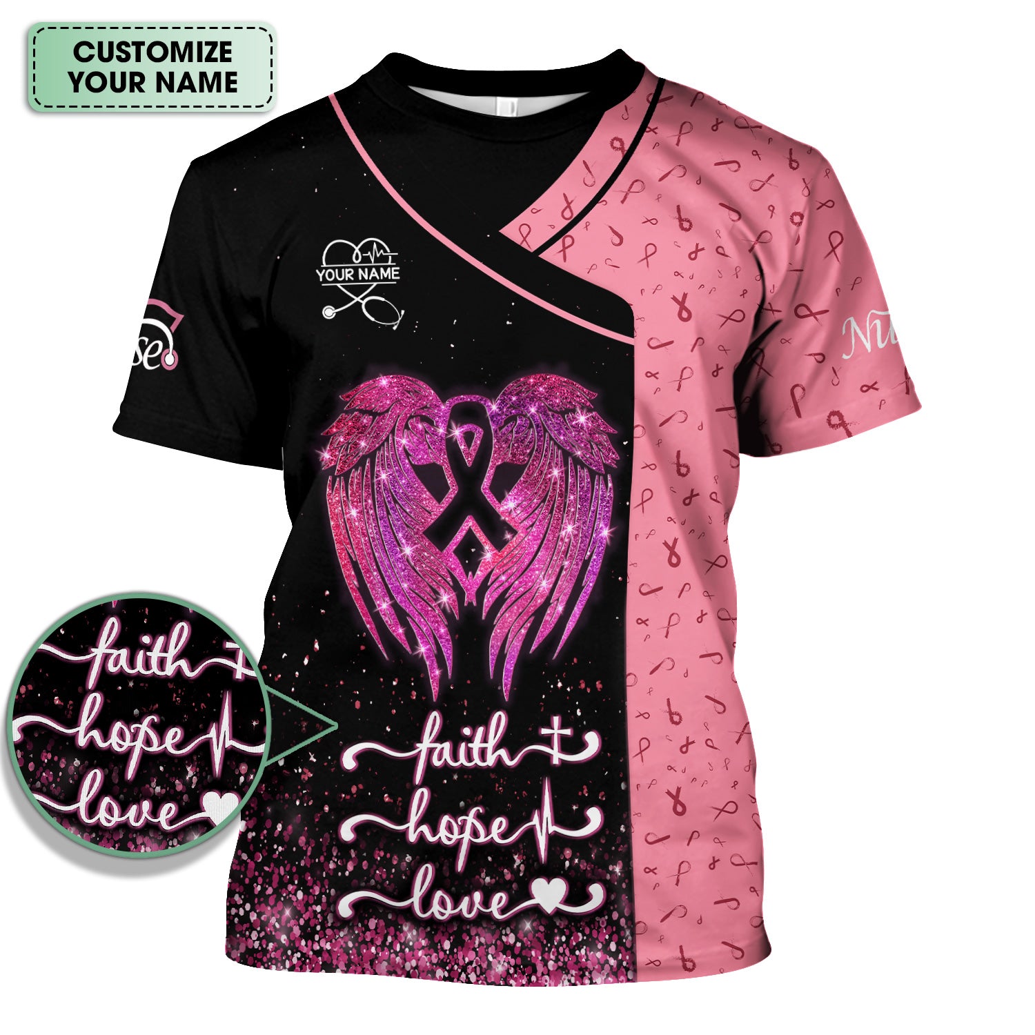 Custom Breast Cancer Warrior Shirt - Pink Glitter Angel Wings & Ribbon Graphic Tee - Gift for Nurse RN LPN CNA