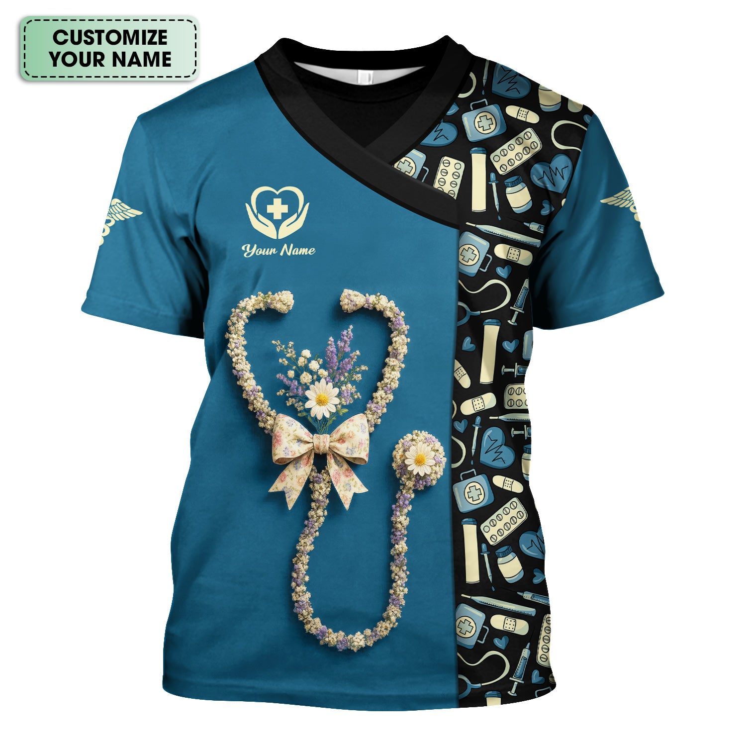 Colorful Nurse Scrubs for Women RN CNA LPN - Inspirational Floral Stethoscope Top with Heart Design - Gift for Healthcare Workers with Custom Name