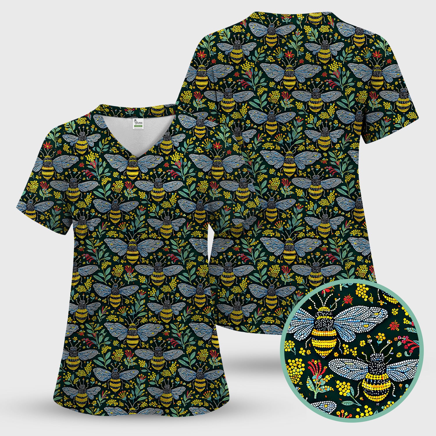 Honey Bee And Wildflower Garden Pattern Scrub Set, Scrub Pants and V Neck Top