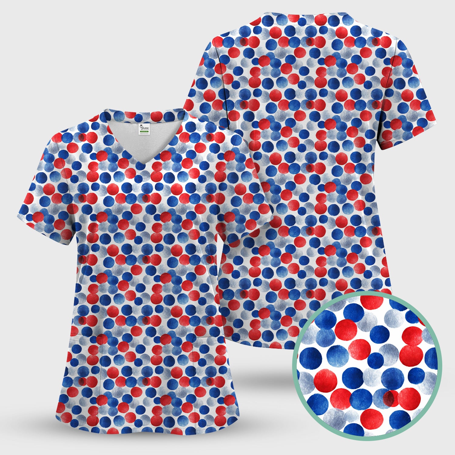 4th of July Patriotic Polka Dot Pattern Scrub Set, Scrub Pants and V Neck Top