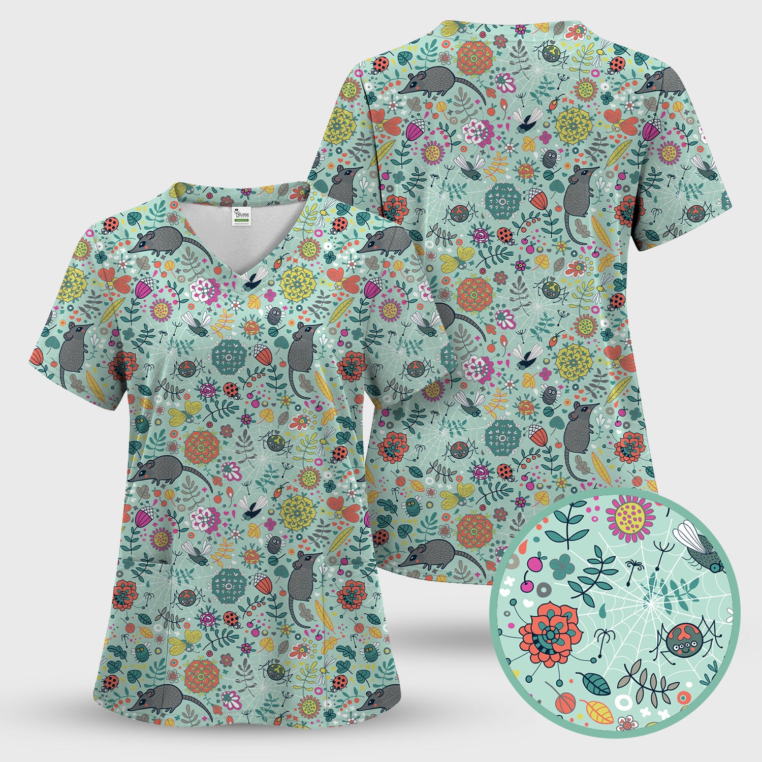 Woodland Mouse Floral Pattern Scrub Set, Breathable Med Uniform