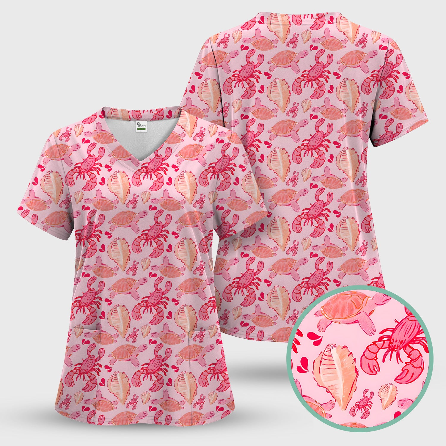 Pink Sea Turtle Lobster Shell Pattern Scrub Top, Coastal Ocean Nursing Uniform for Women