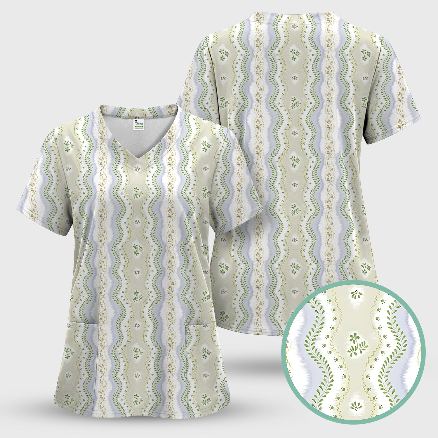 Wavy Stripe Botanical Pattern Scrub Set, Scrub Pants and V Neck Top