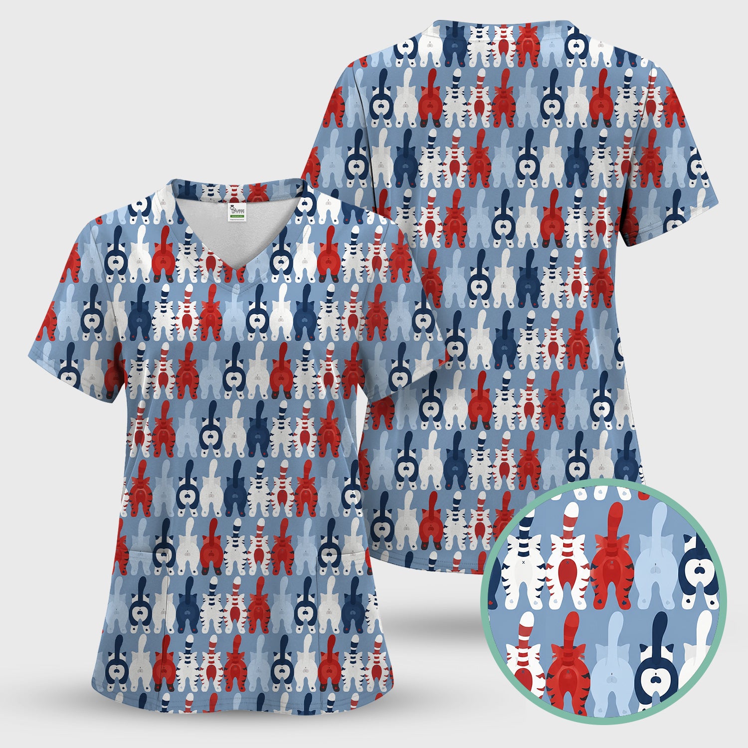 Colorful Patriotic Cat Tail Pattern Scrub Set, Scrub Pants and V Neck Top