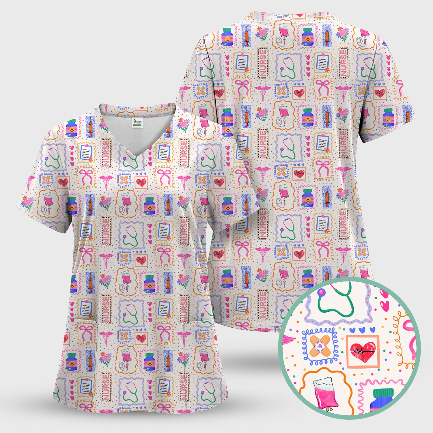 Colorful Nurse Medical Icon Pattern Scrub Top, Comfortable Scrubs for Nurses