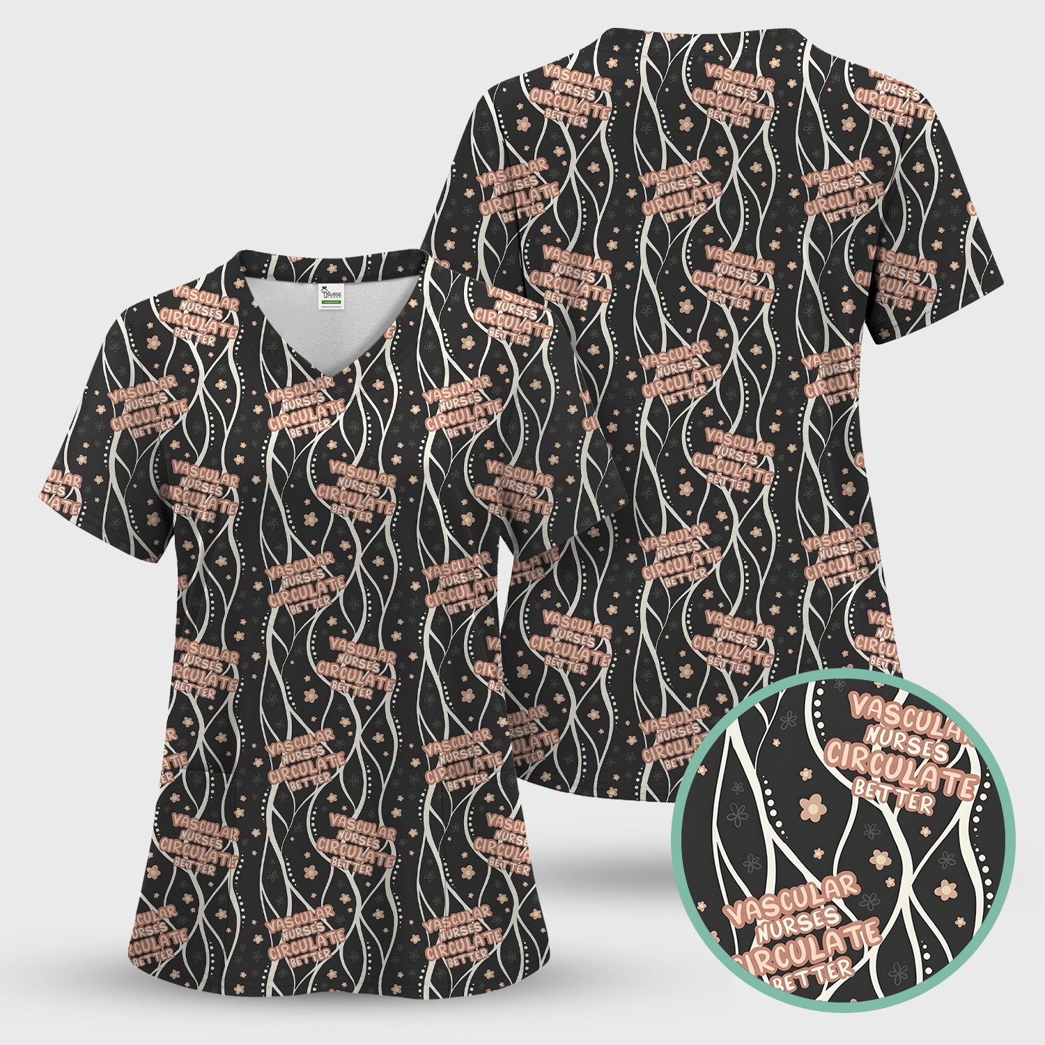 Inspirational Vascular Nurse Circulation Awareness Pattern Scrub Set, Scrub Pants and V Neck Top