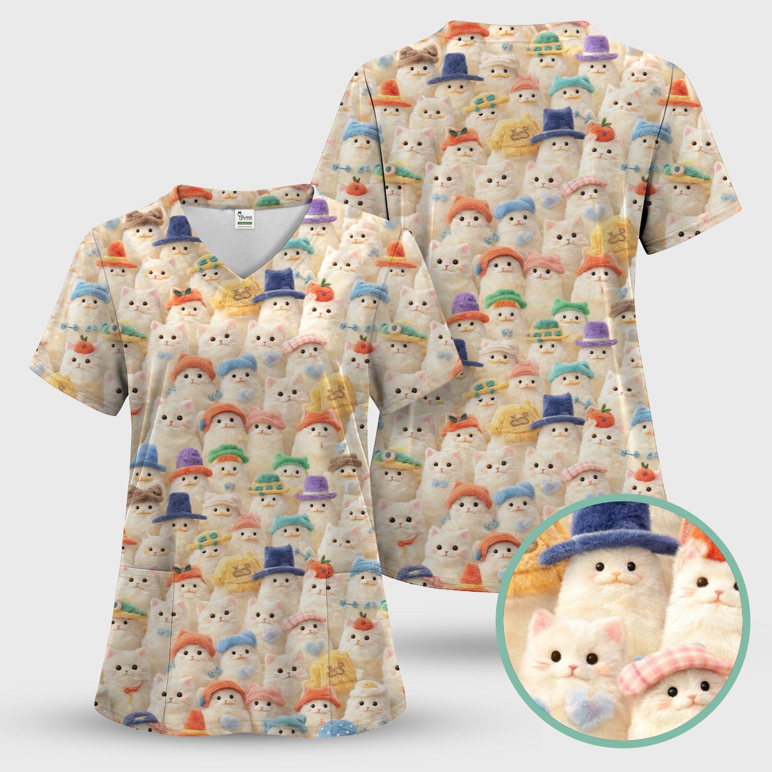 Adorable Cats Wearing Colorful Hats Pattern Scrubs Top, Comfortable Scrubs for Nurses