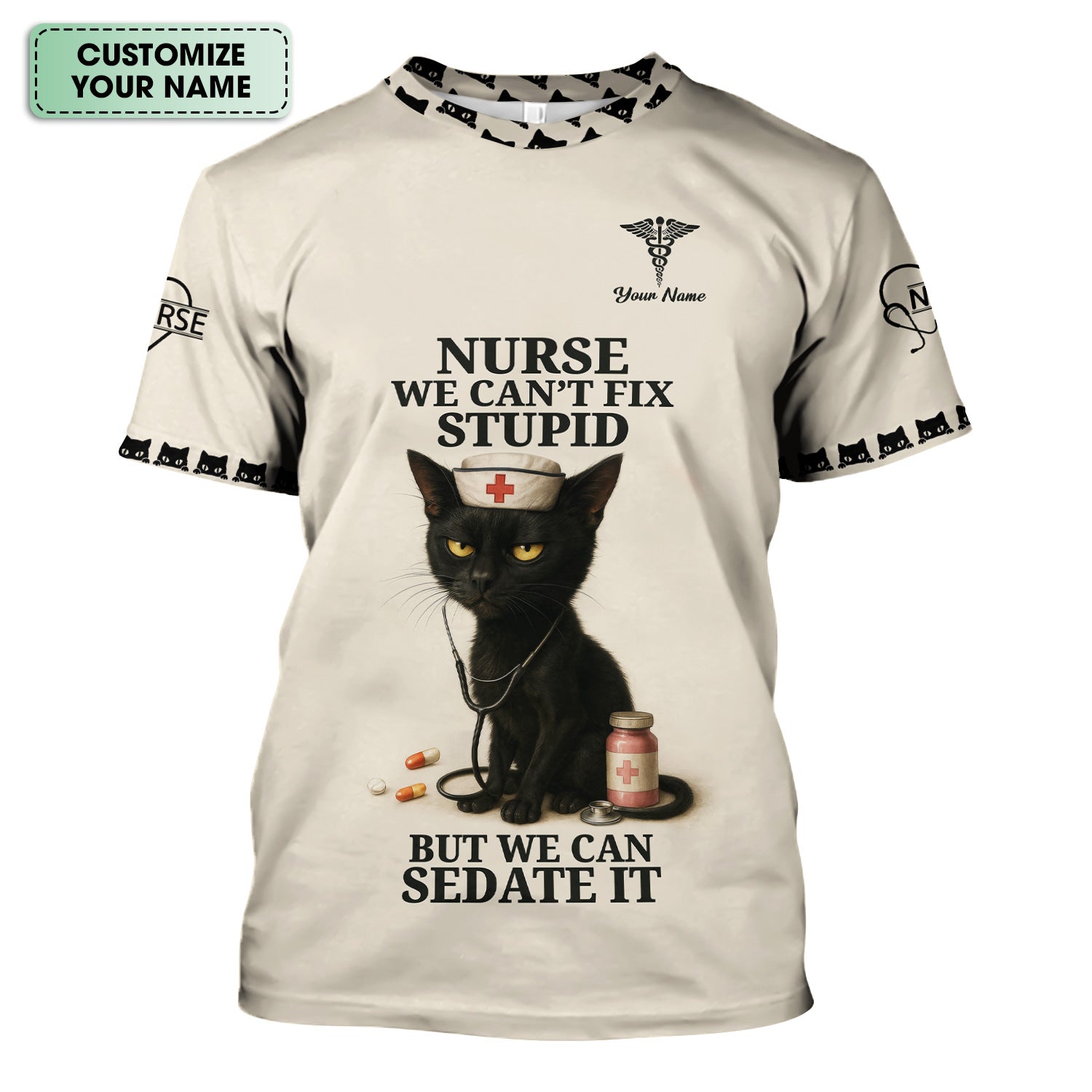 Custom Nurse V-Neck Scrub Shirt - Hilarious Cat Graphic with Medical Quote - Gift for Registered Nurse LPN CNA Women