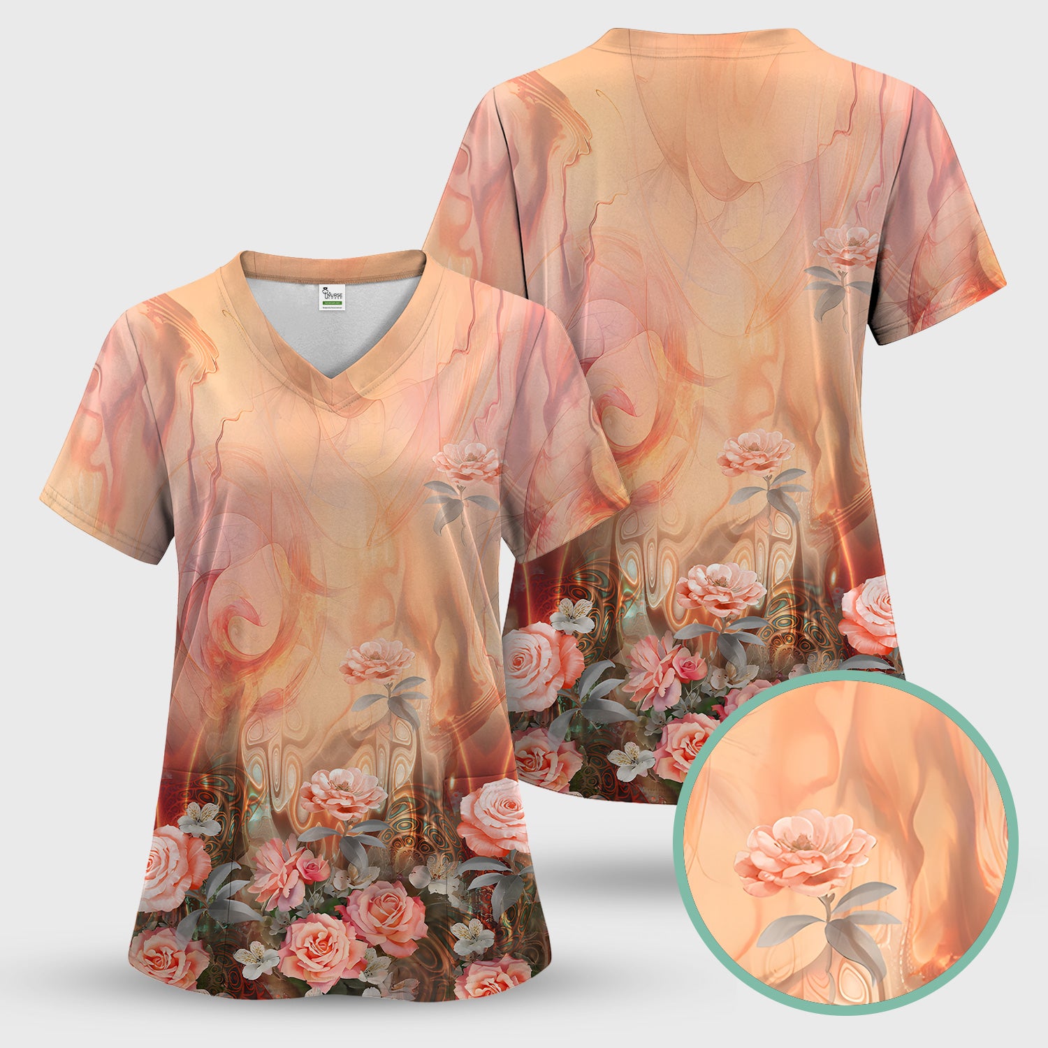 Elegant Peach Marble Rose Pattern Scrub Top, Comfortable Scrubs for Nurses