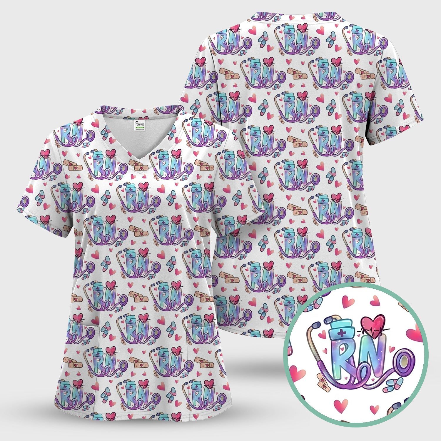 Nurse Life RN Heart Pattern Scrub Set, Scrub Pants and V Neck Top
