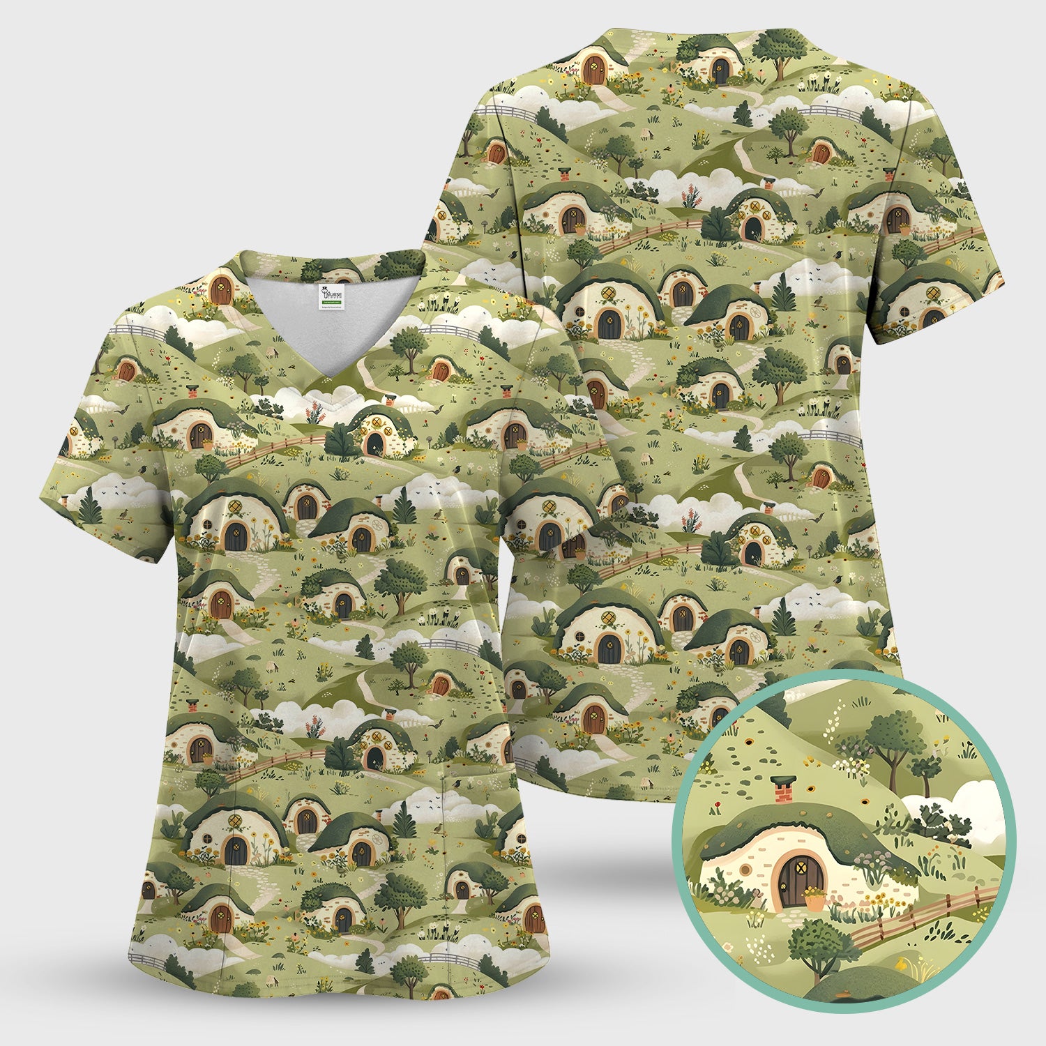 Cozy Hobbit Village Landscape Pattern Scrub Top, Comfortable Scrubs for Nurses