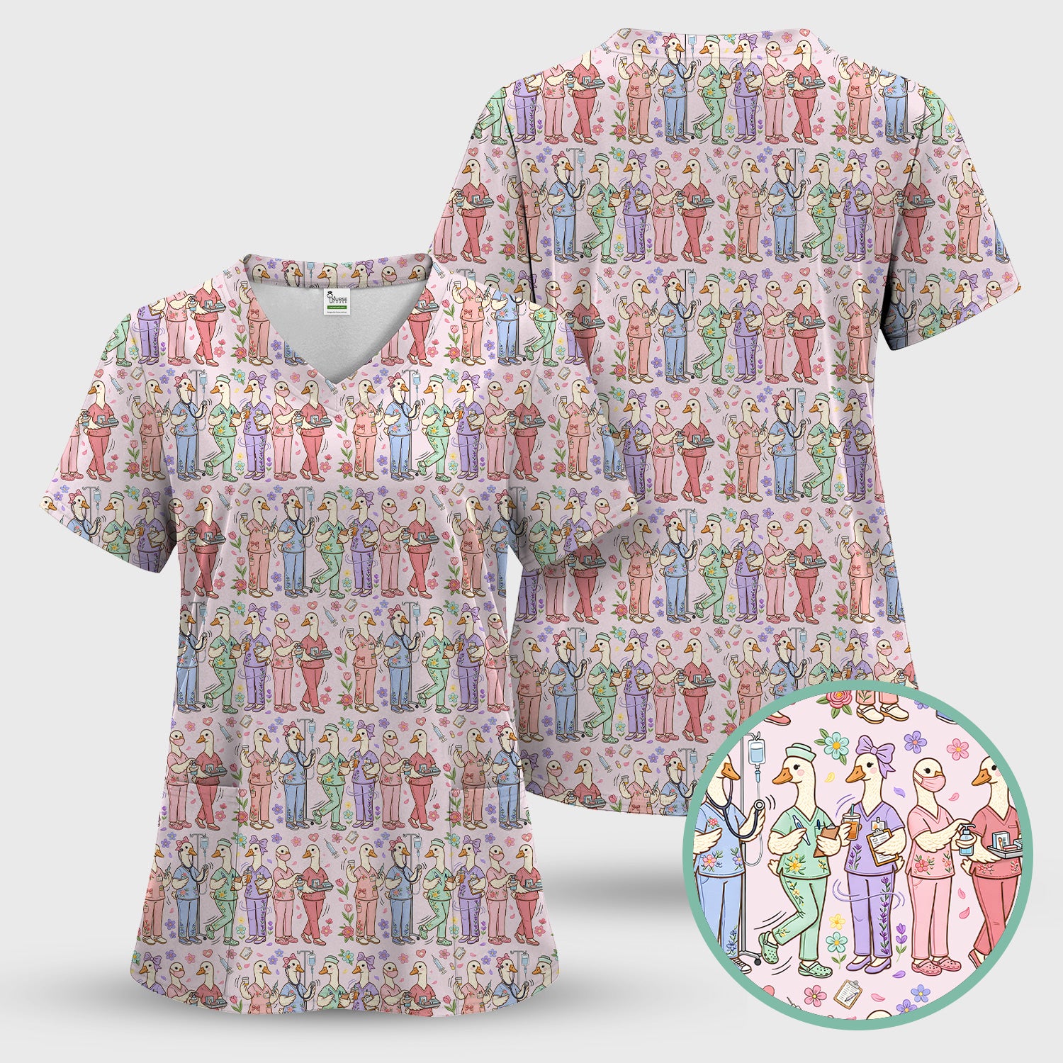 Goose Characters Floral Medical Team Uniform Pattern Scrub Top, Breathable Fabrics Nursing Uniform
