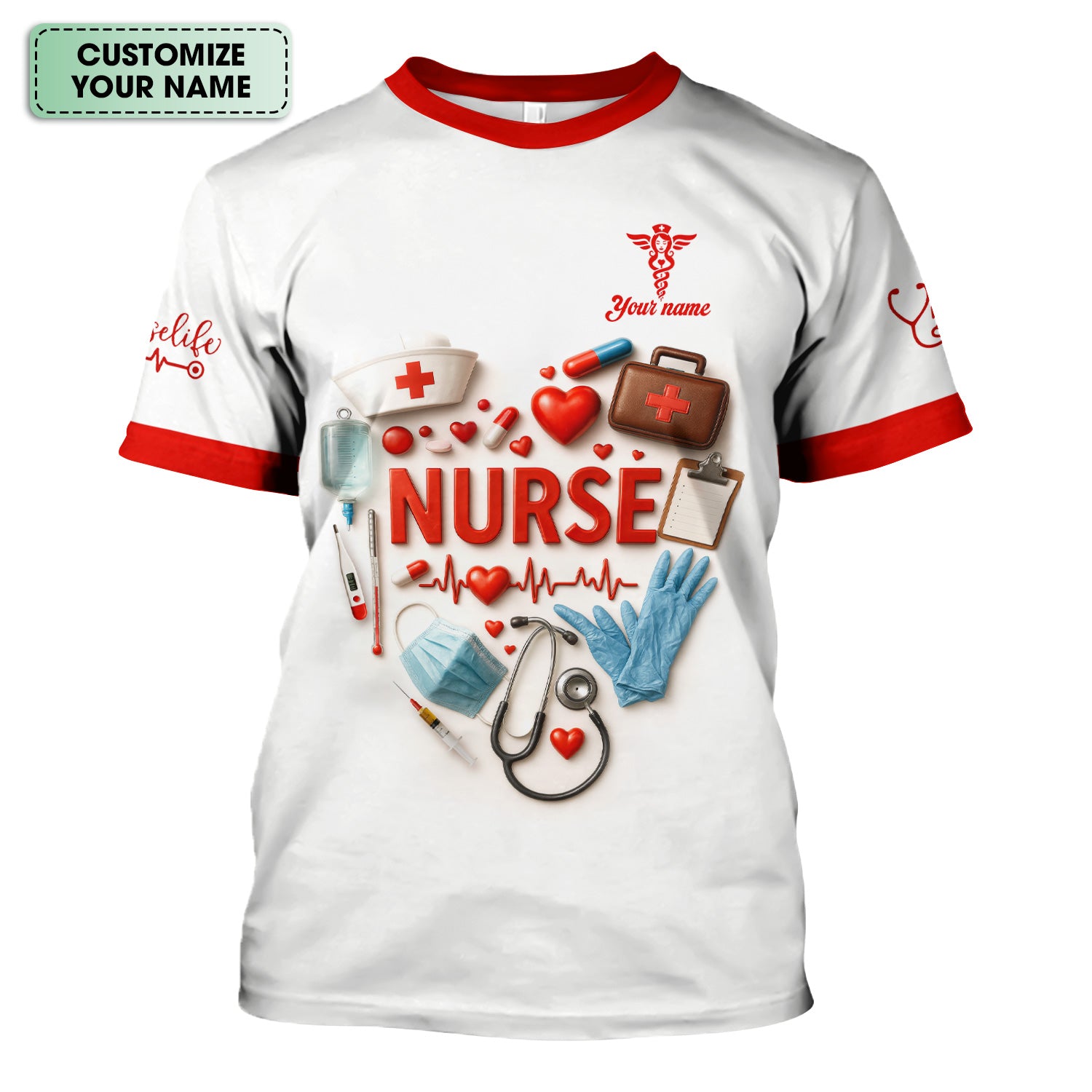 Custom Nurse Scrubs - Medical Tools & Heartbeat Graphic - Personalized Scrubs for RN CNA LPN Healthcare Workers