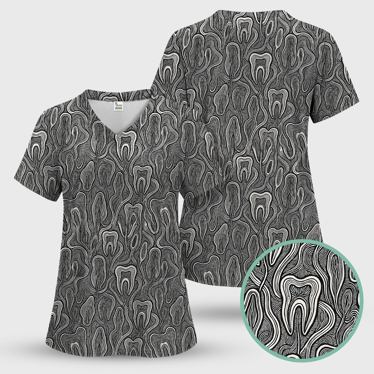 Dental Tooth Line Art Pattern Scrub Set, Scrub Pants and V Neck Top