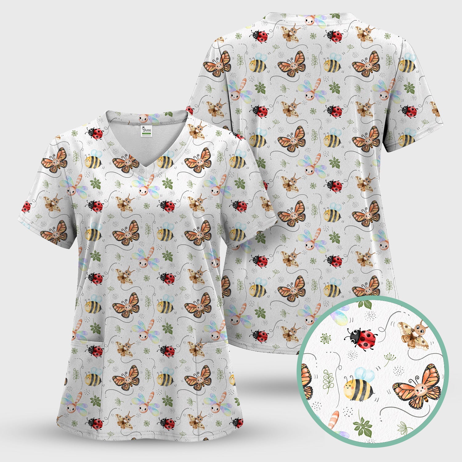 Colorful Garden Insect Pattern Scrub Set, Scrub Pants and V Neck Top