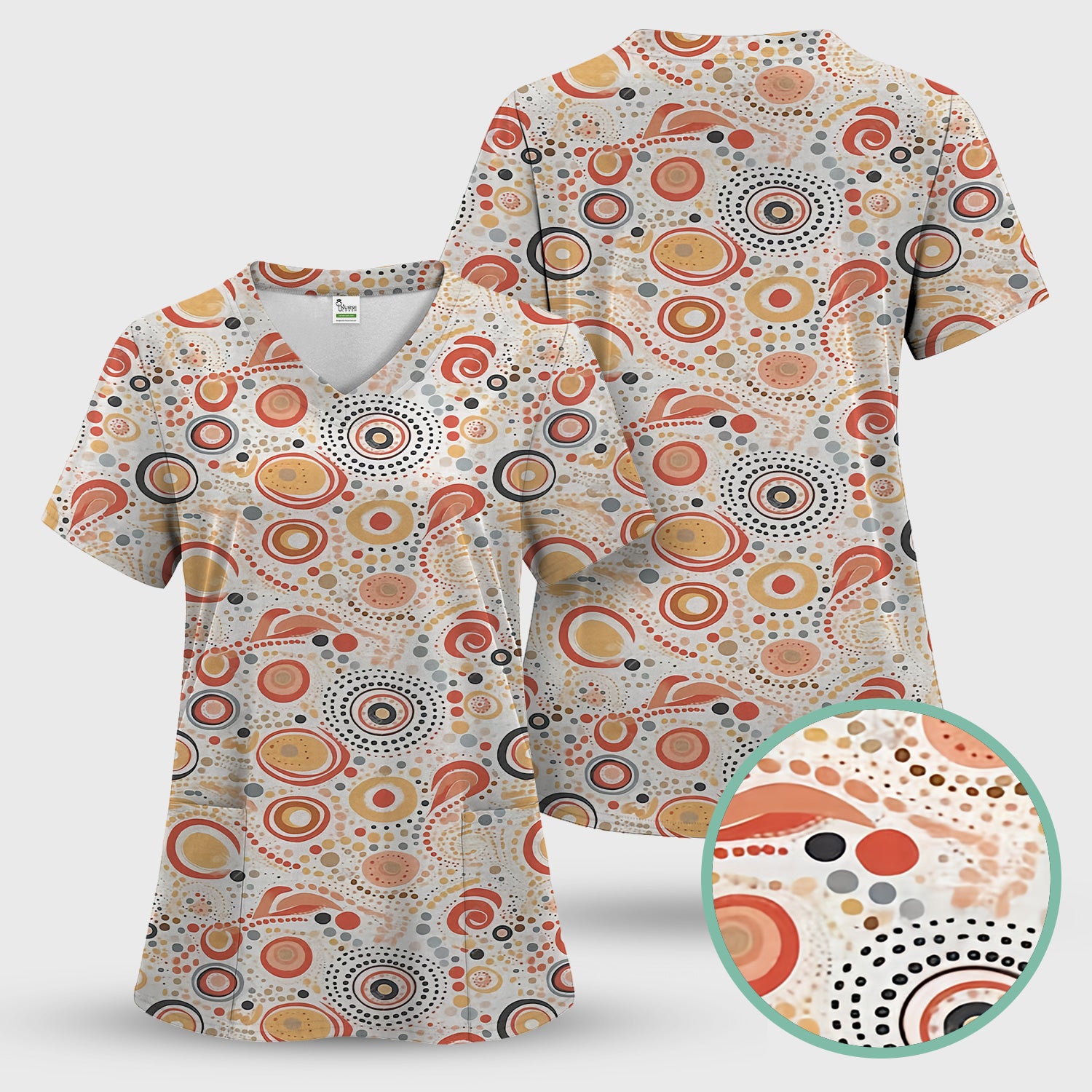 Abstract Earth Tone Dot Circle Pattern Scrub Top, Breathable Fabrics Nursing Uniform