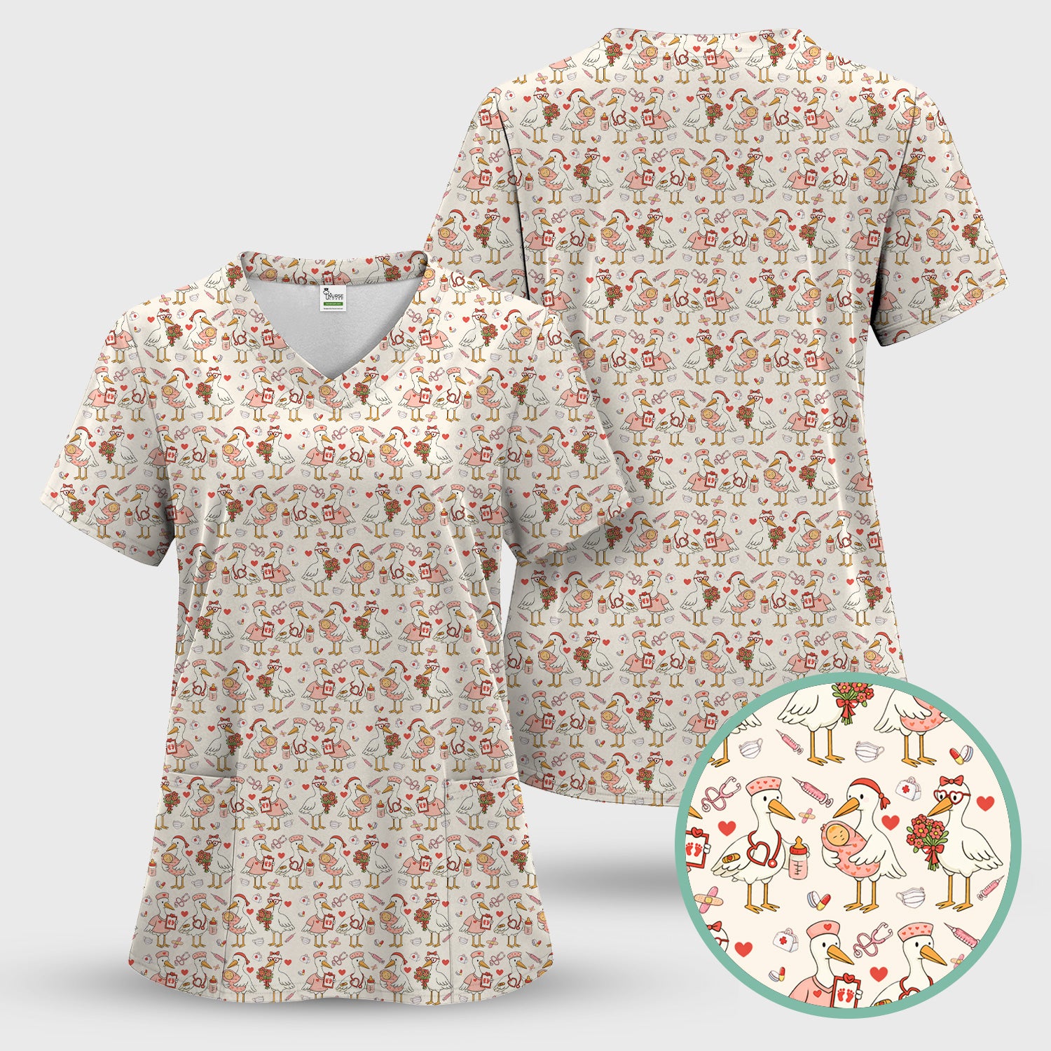 Cute Goose Nurse Valentine Print Scrub Set, Breathable Med Uniform