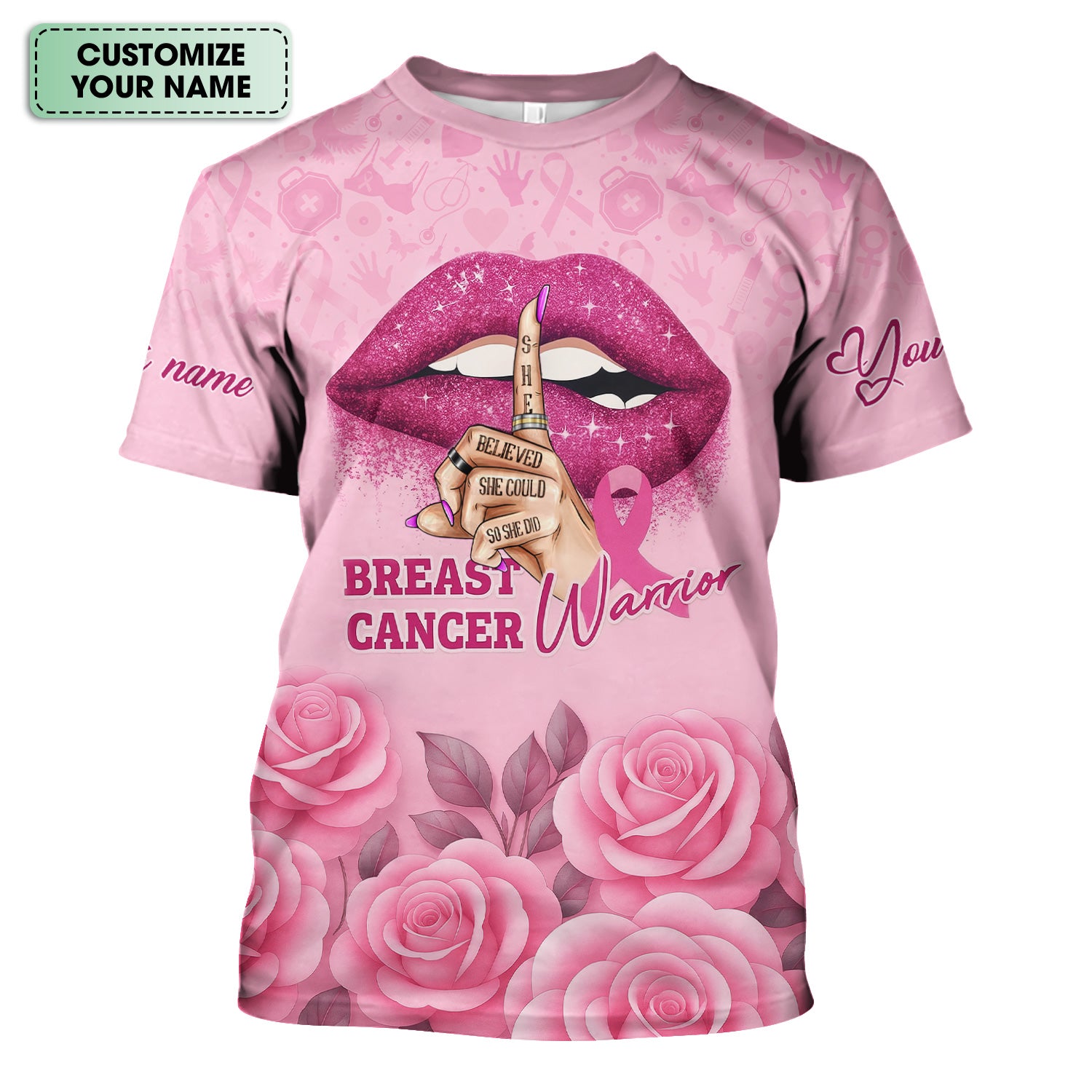 Custom Breast Cancer Awareness Floral Scrub - Pink Ribbon & Rose Pattern Graphic - Gift for RN LPN CNA