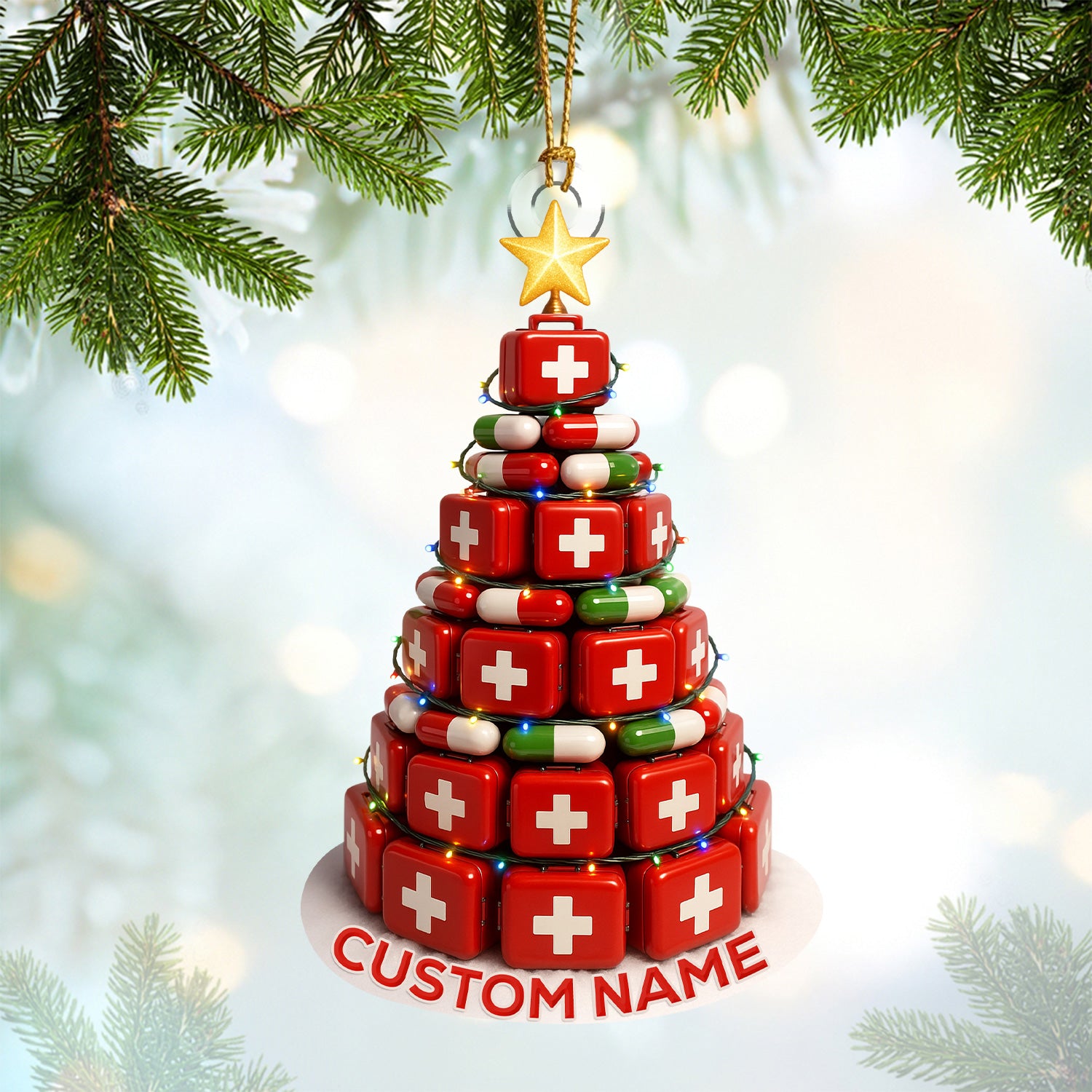 Medical Pill Box Christmas Tree Ornament, Custom Name Nursing Gift, Nurse Holiday Decor Keepsake