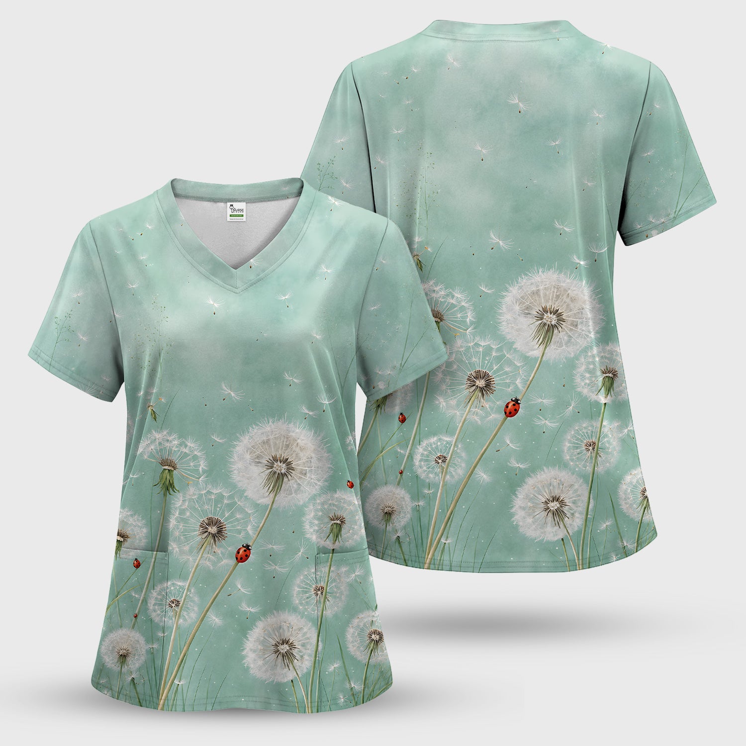 Dandelion Wishes Ladybug Meadow Pattern Scrub Set, Scrub Pants and V Neck Top