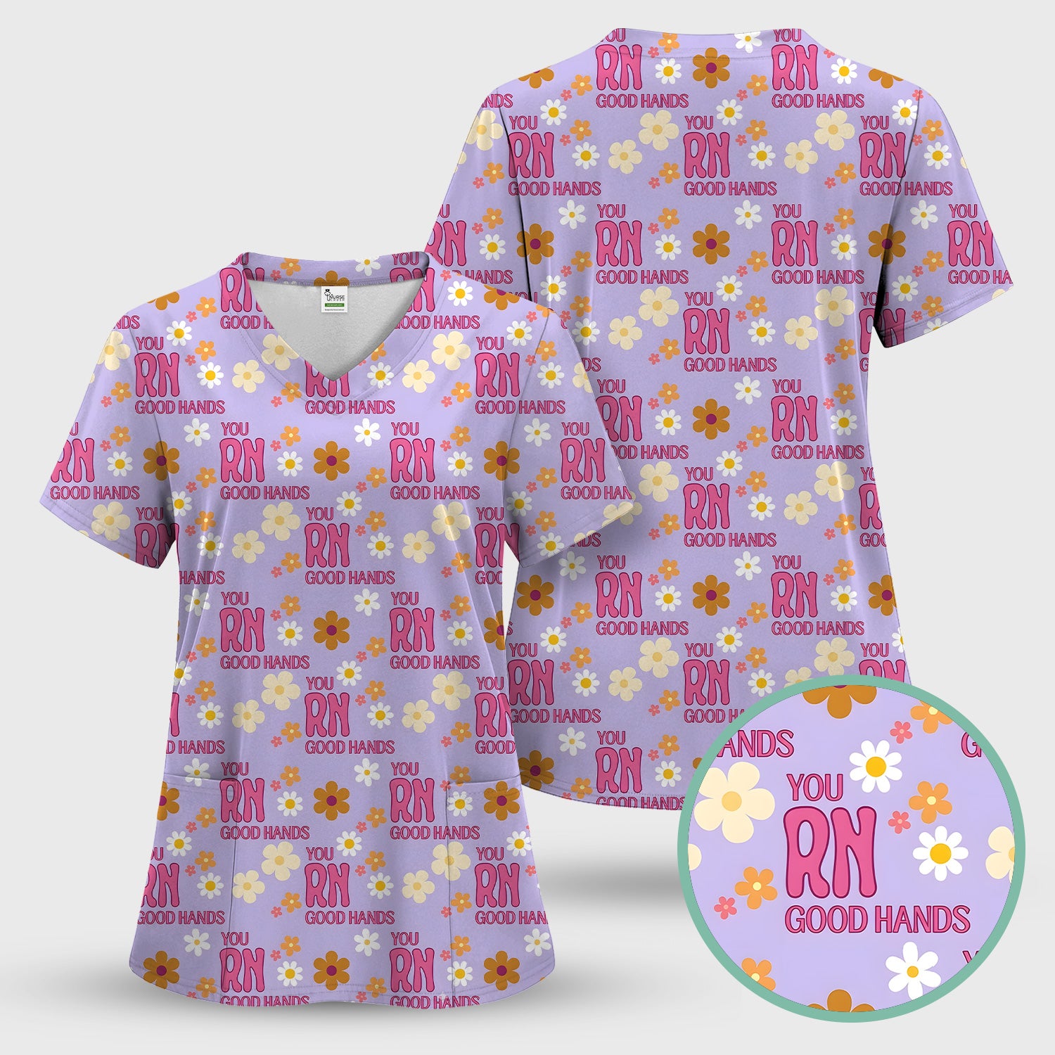 You RN Good Hands Floral Daisy Pattern Scrub Set, Scrub Pants and V Neck Top