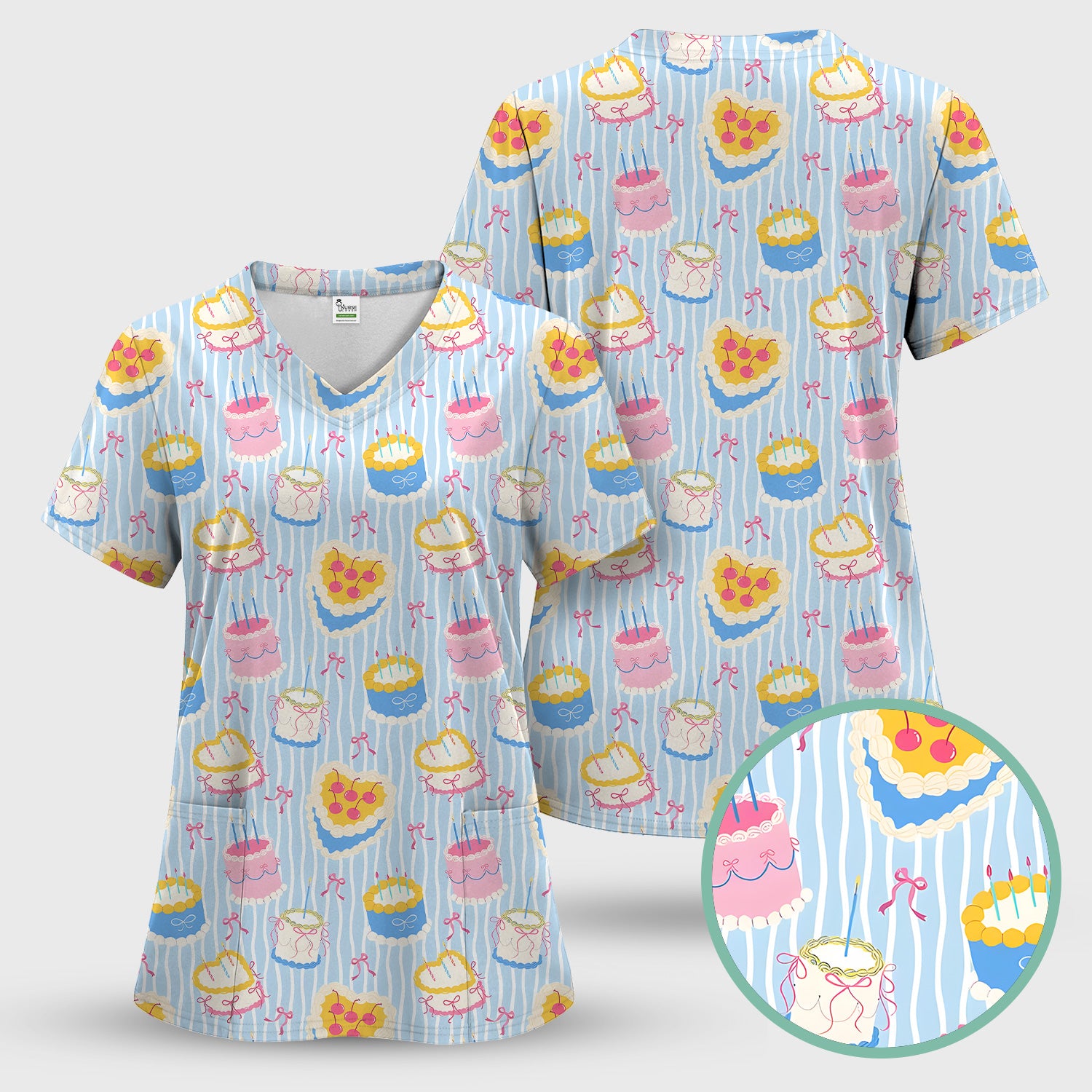 Coquette Cake Bow Stripe Pattern Scrub Set, Scrub Pants and V Neck Top