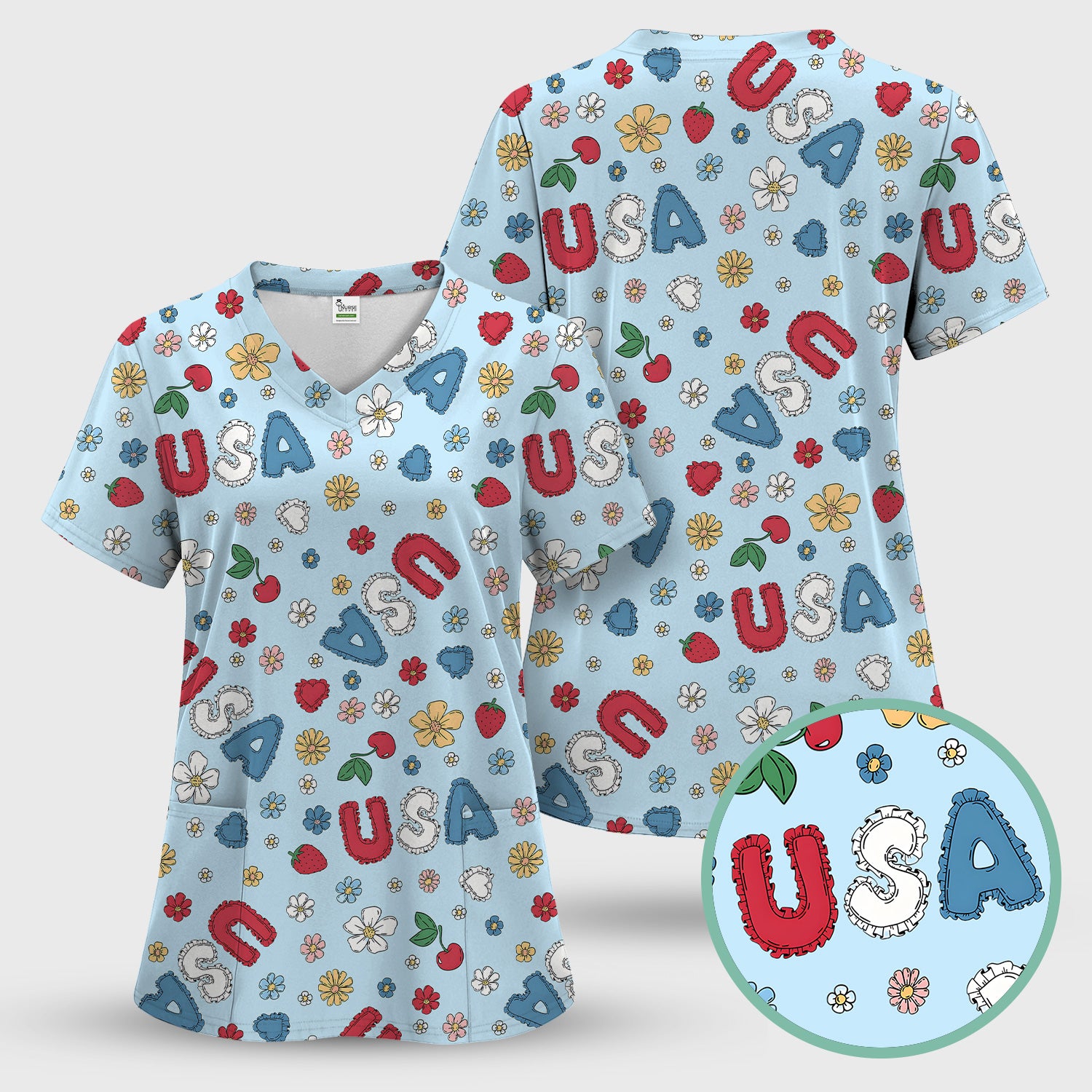 USA Cherry Strawberry Floral Patch Pattern Scrub Set, Scrub Pants and V Neck Top