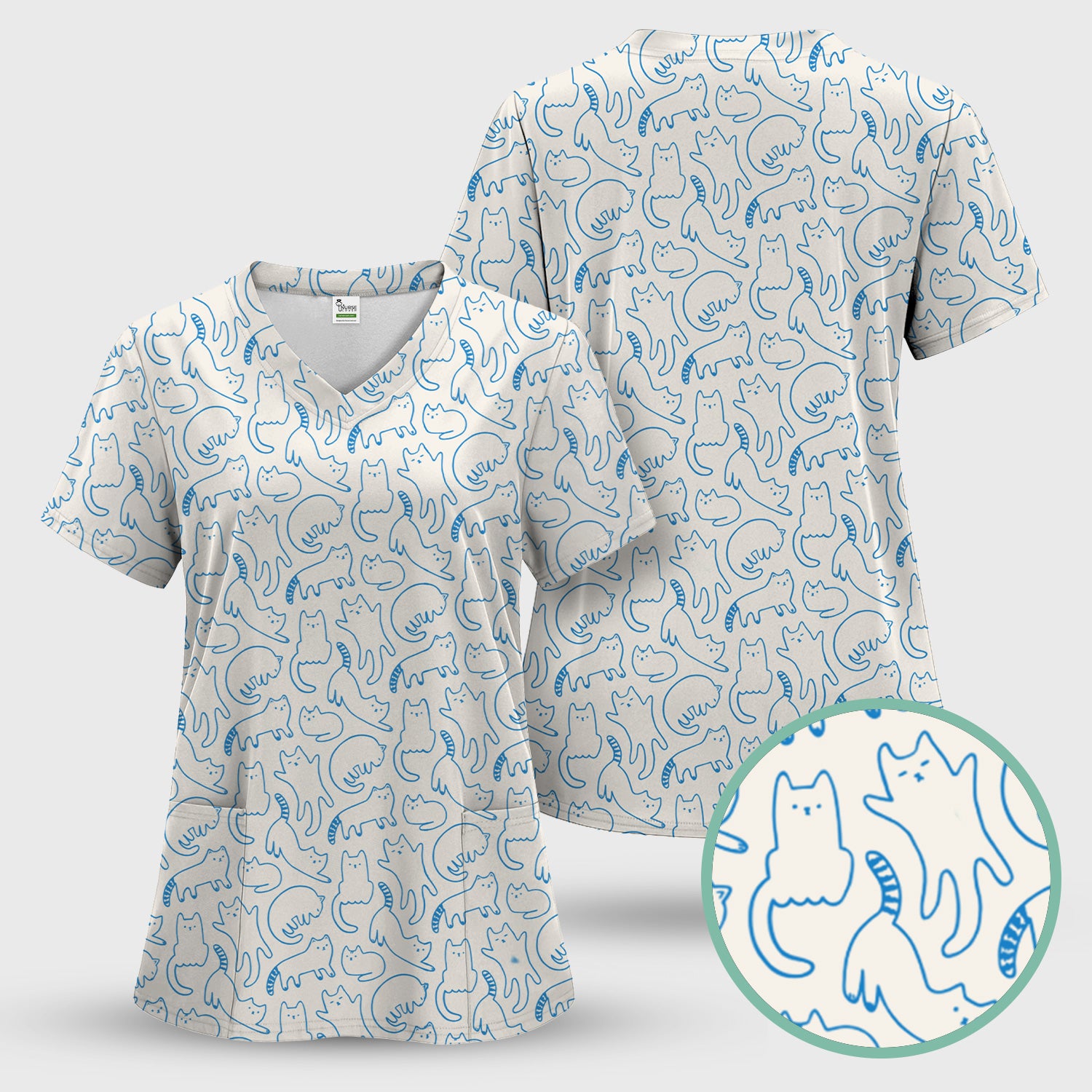 Artistic Cat Pattern Medical Scrub Top, Breathable Fabrics Nursing Uniform