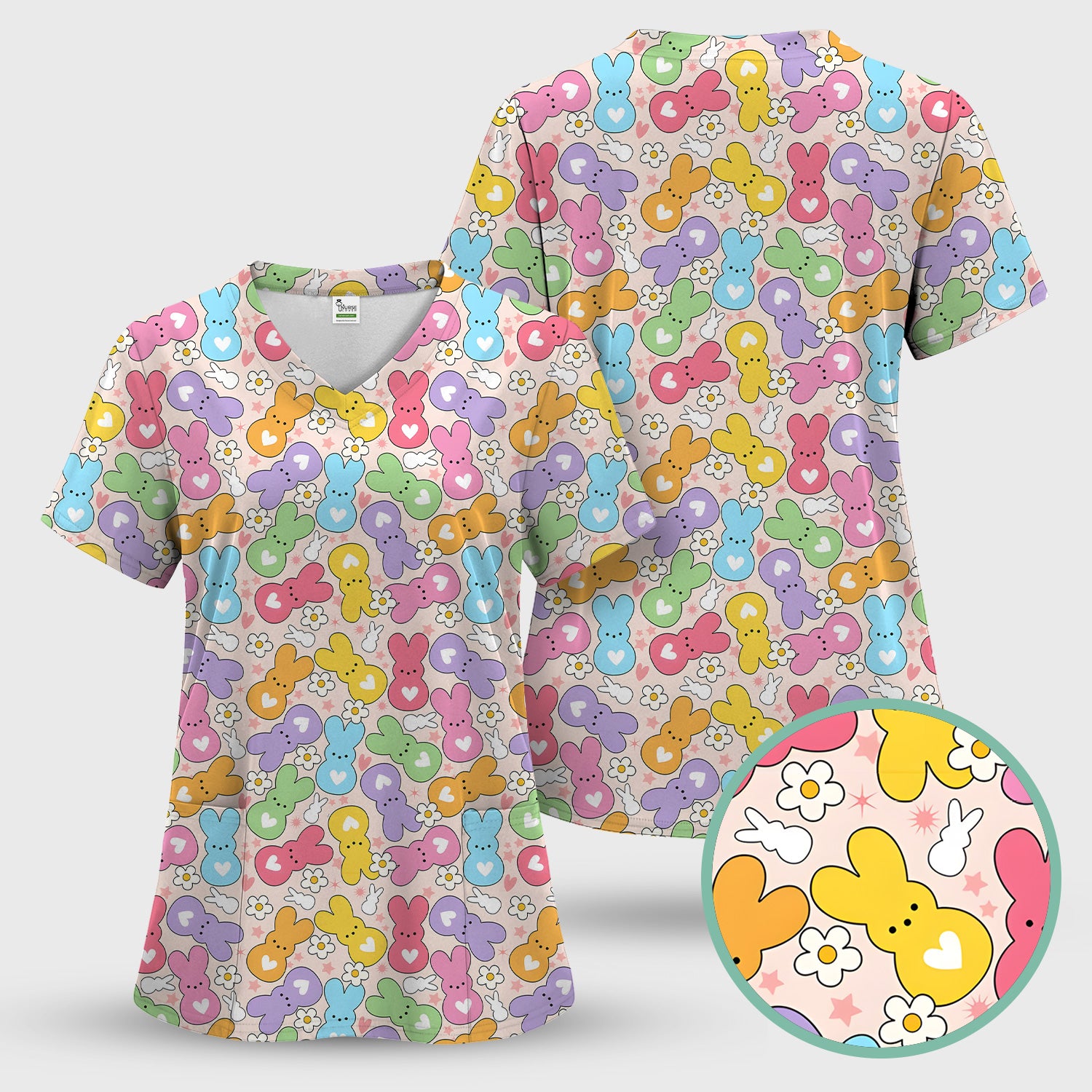 Sweet Pastel Bunny Daisy Pattern Scrub Top, Comfortable Scrubs for Nurses, Easter