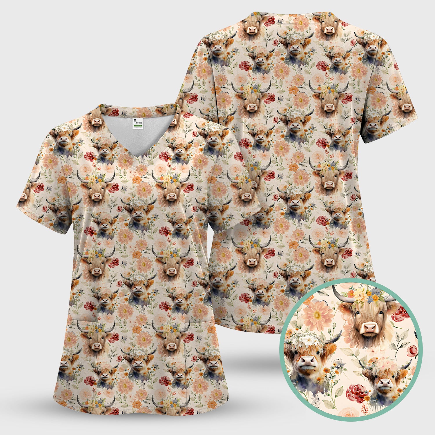 Cute Highland Cow Floral Pattern Scrub Top, Comfortable Scrubs for Nurses