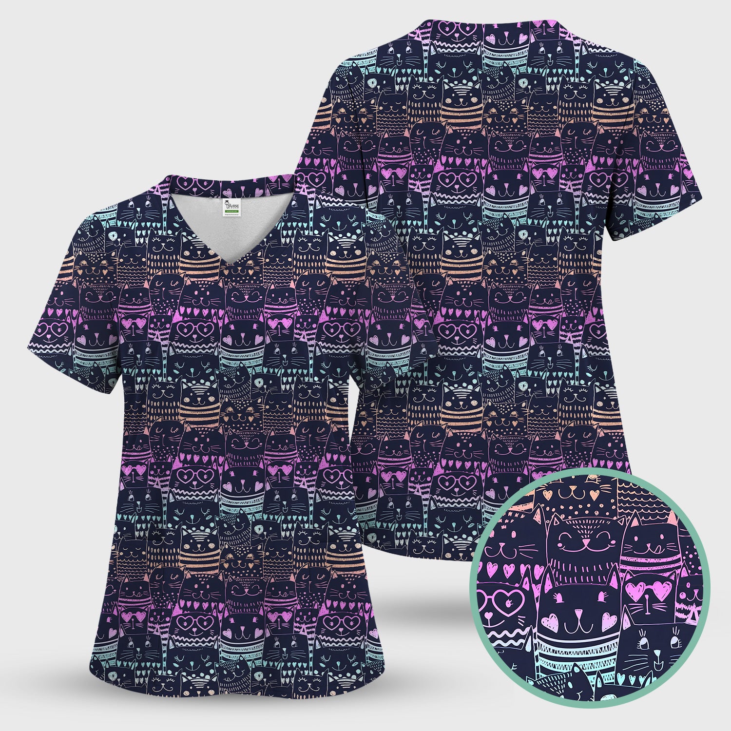 Cute Neon Cat Faces Pattern Scrub Top, Comfortable Scrubs for Nurses